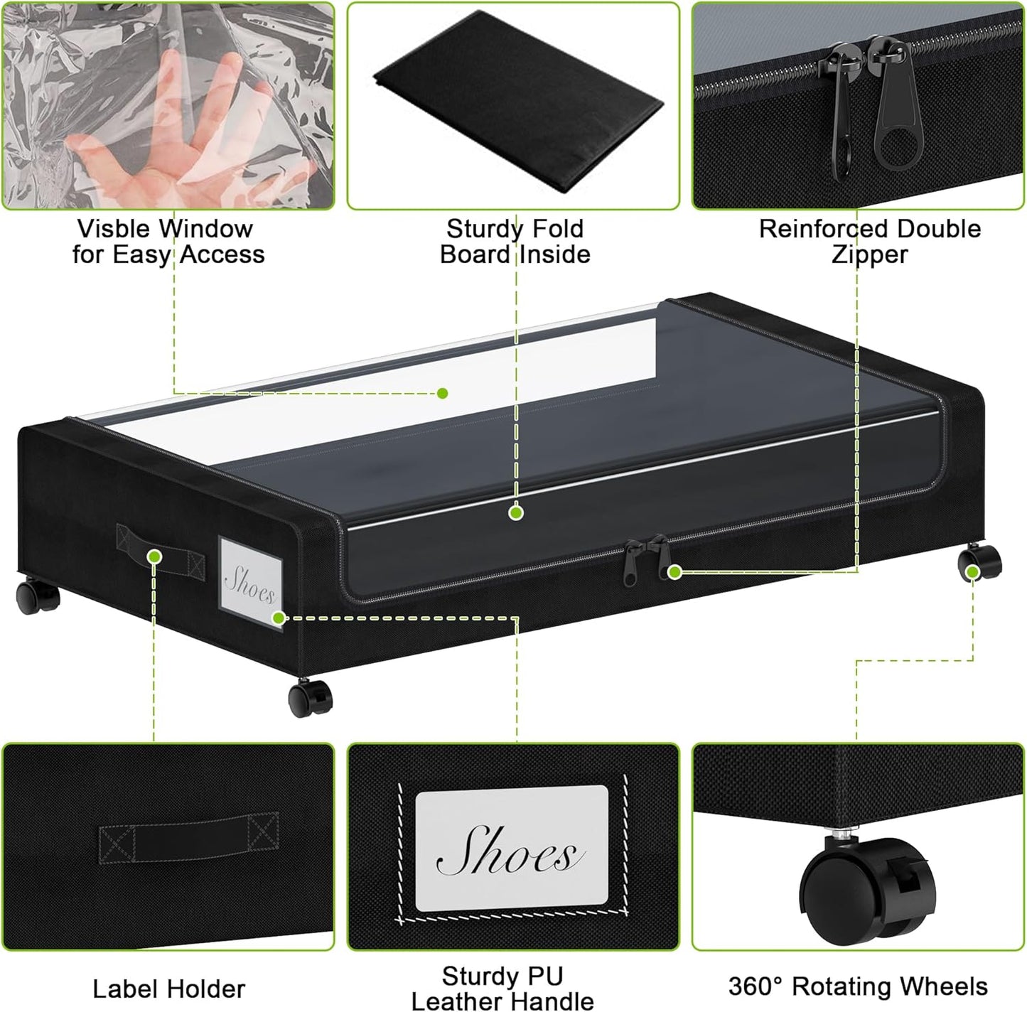 Under Bed Storage with Wheels, XXL 60L Under the Bed Storage Bins, Underbed Storage Containers with Lids & Label, Rolling Metal Drawer for Shoes, Clothes, Books, Toys (4-Pack Black)
