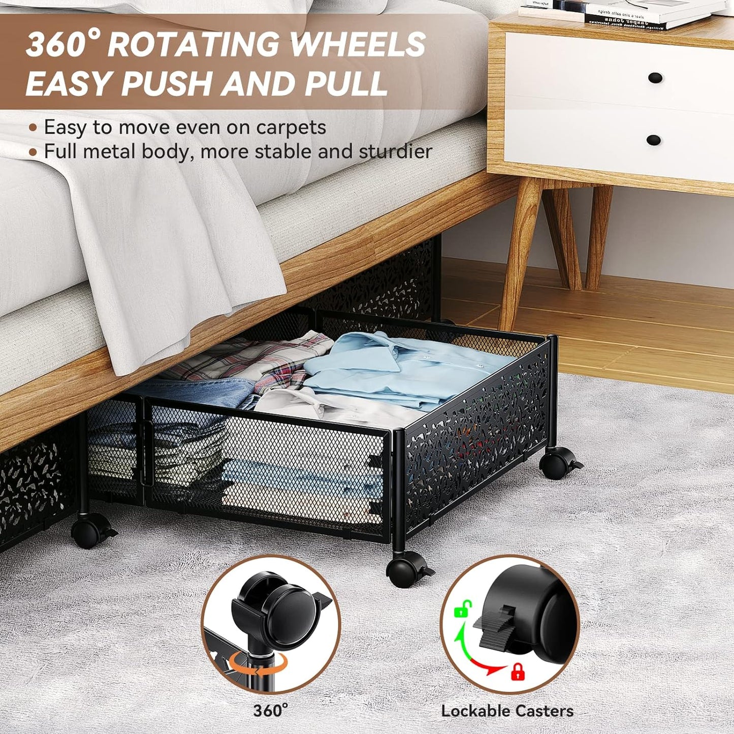 Under Bed Storage Containers with Wheels, Under Bed Shoe Storage Organizer Drawer, Tool-free Assembly Metal Storage Containers for Bedroom Clothes Shoes Blankets -2PCK