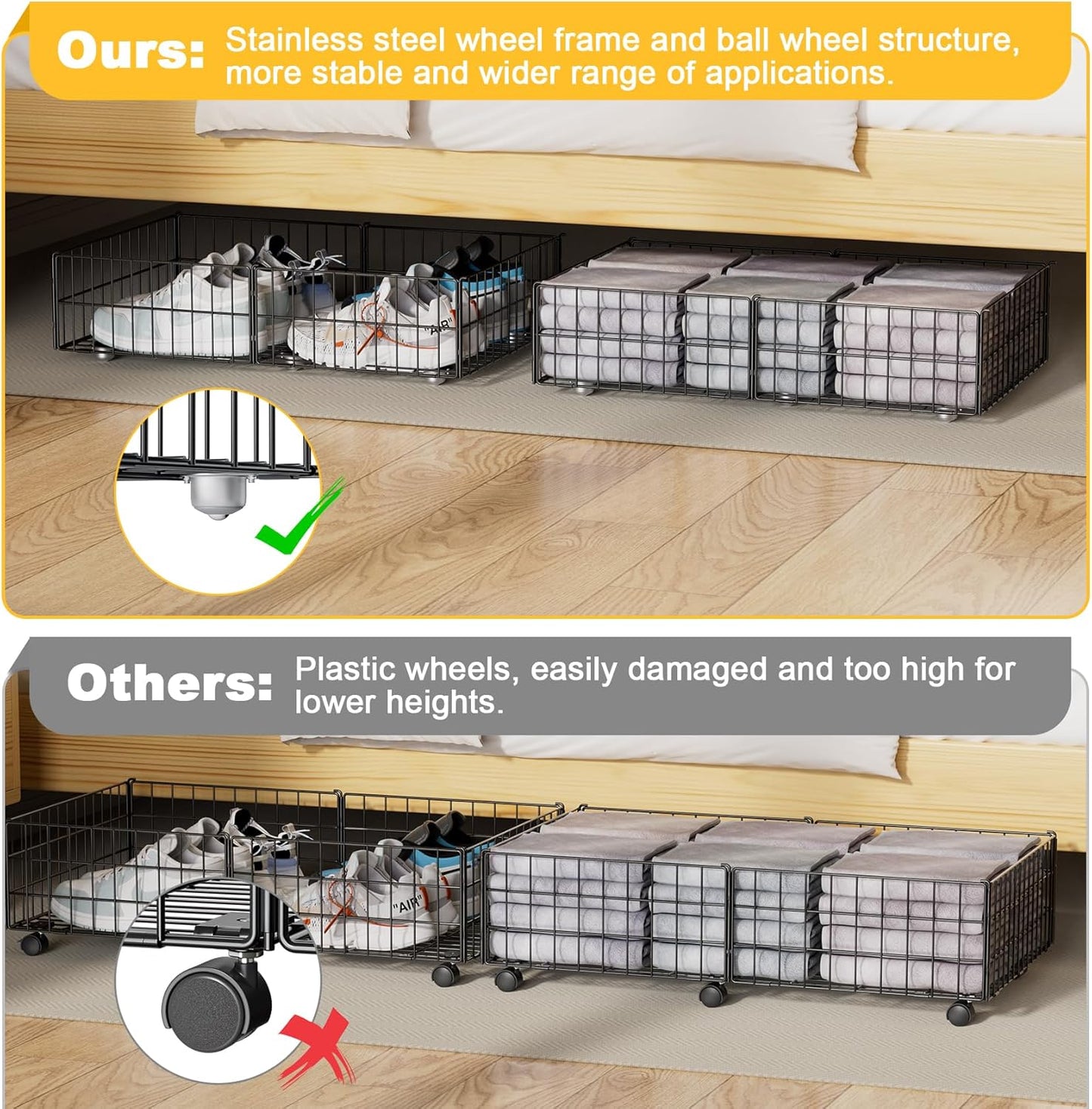 Mr IRONSTONE Under Bed Storage Containers with 6 Wheels, Upgraded Metal Shoe Storage Holds Up to 80LBS, Rolling Under Bed Drawers Organizer for Clothes, Toys, Books, Blanket