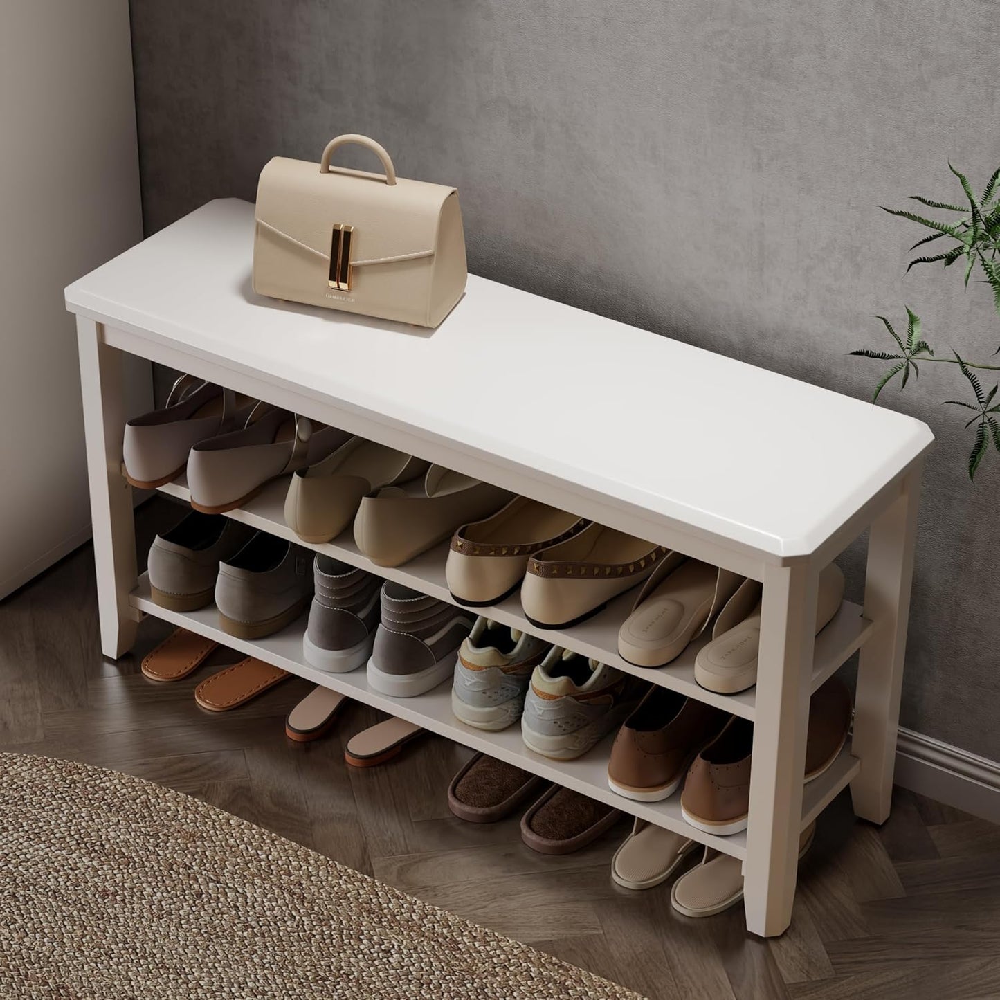 Wood Shoe Rack Bench for Entryway, Shoe Rack for Front Door Entrance with Leather Cushion, 2 Tier Shoe Bench with Shoe Storage for Entryway, Bedroom.