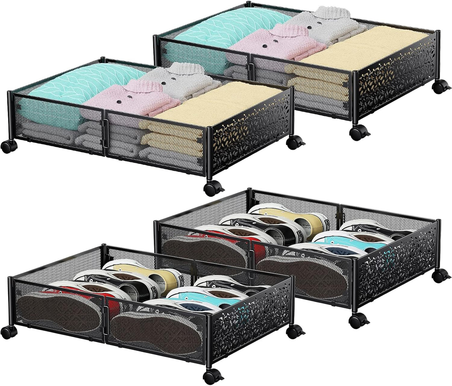 Under Bed Storage Containers with Wheels, Under Bed Shoe Storage Organizer Drawer, Tool-free Assembly Metal Storage Containers for Bedroom Clothes Shoes Blankets -2PCK