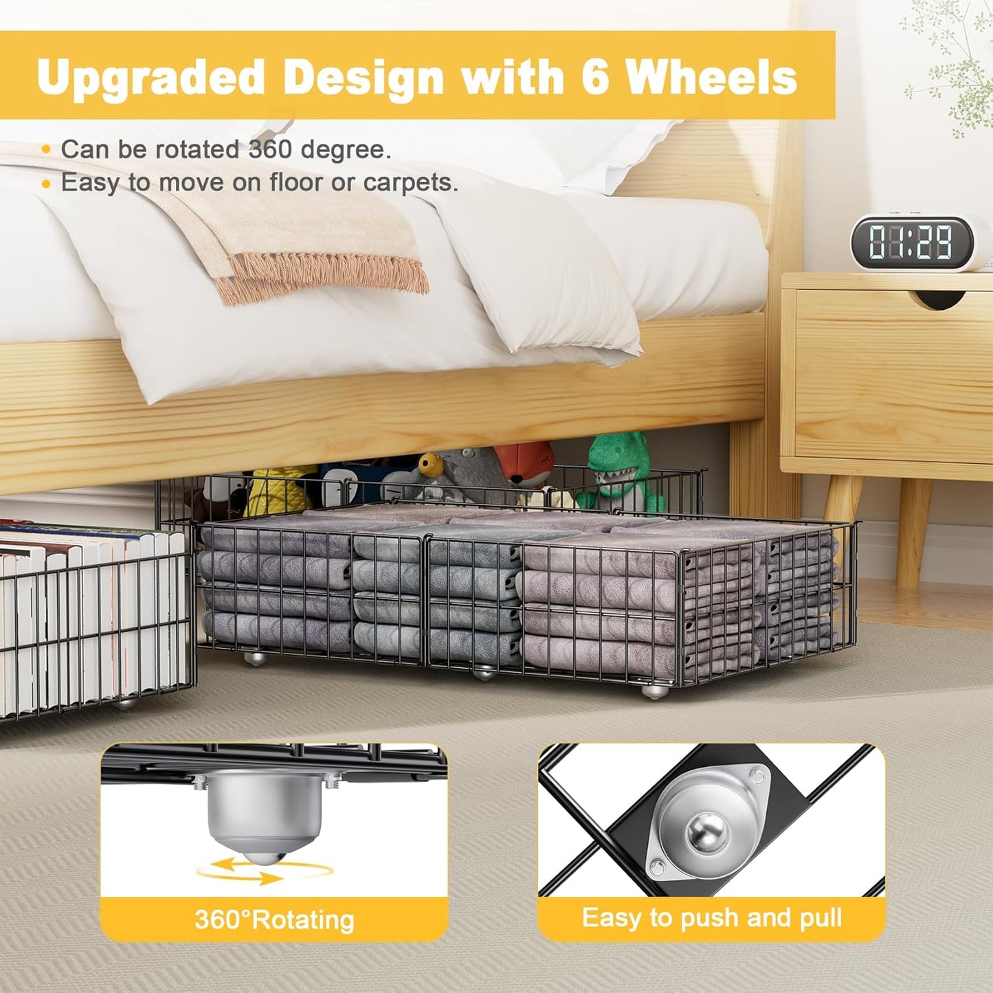 Mr IRONSTONE Under Bed Storage Containers with 6 Wheels, Upgraded Metal Shoe Storage Holds Up to 80LBS, Rolling Under Bed Drawers Organizer for Clothes, Toys, Books, Blanket
