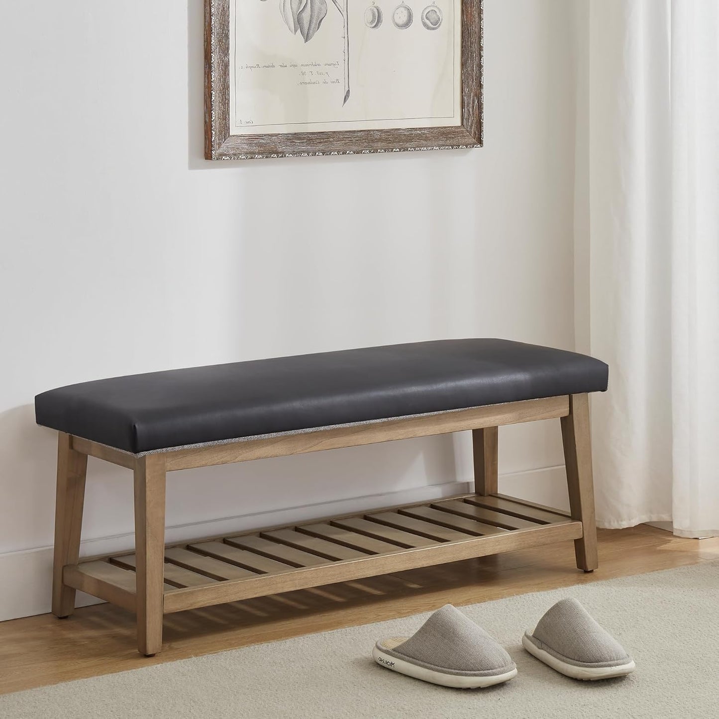 Entryway Bench, Chenille Upholstered Shoe Benches for Bedroom, Ottoman Bench with Solid Wood Shelf, Storage Benches for Hallway, Living Room(Beige)