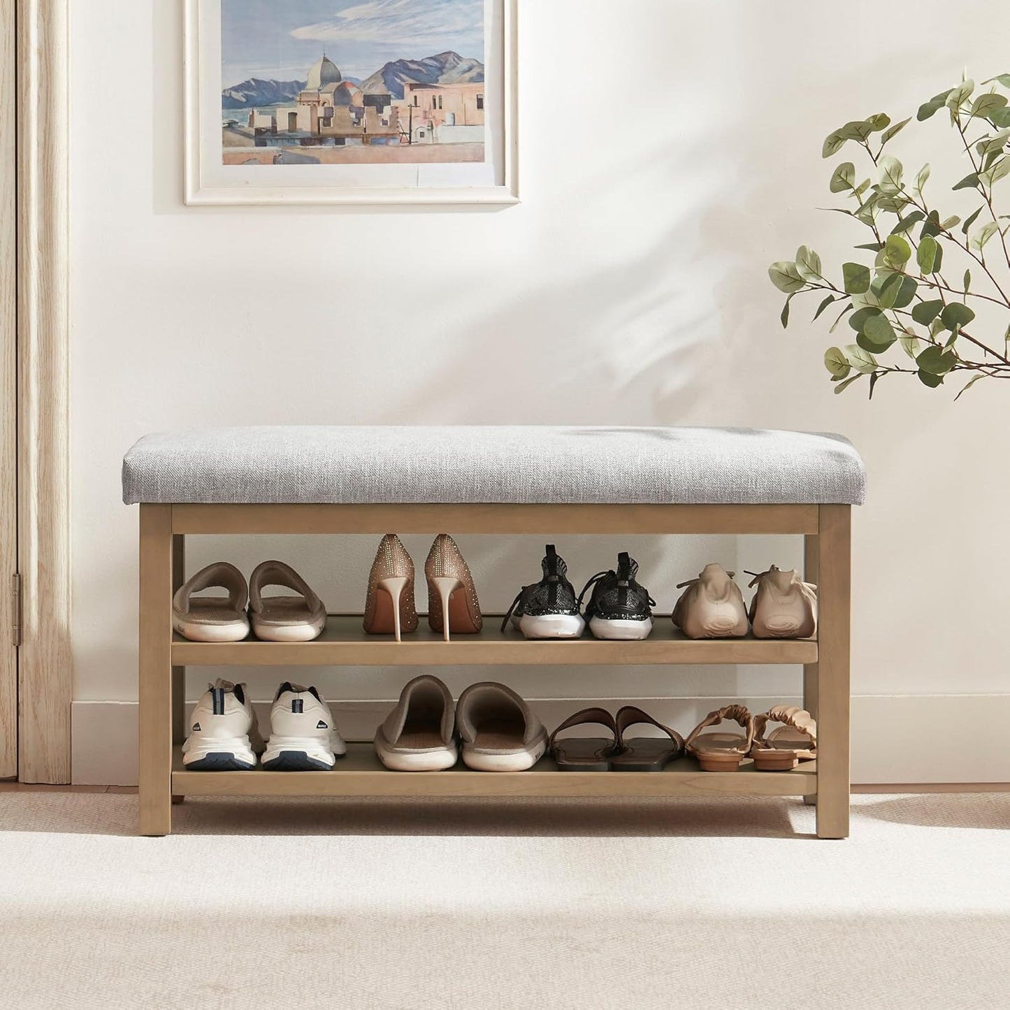 2 Tier Shoe Rack Bench with Cushion, Solid Wood Shoe Benches, Mid-Century Modern Shoe Storage Bench for Entryway, Hallway, Living Room, Closet, Front Door Entrance, (Beige, 46.5")