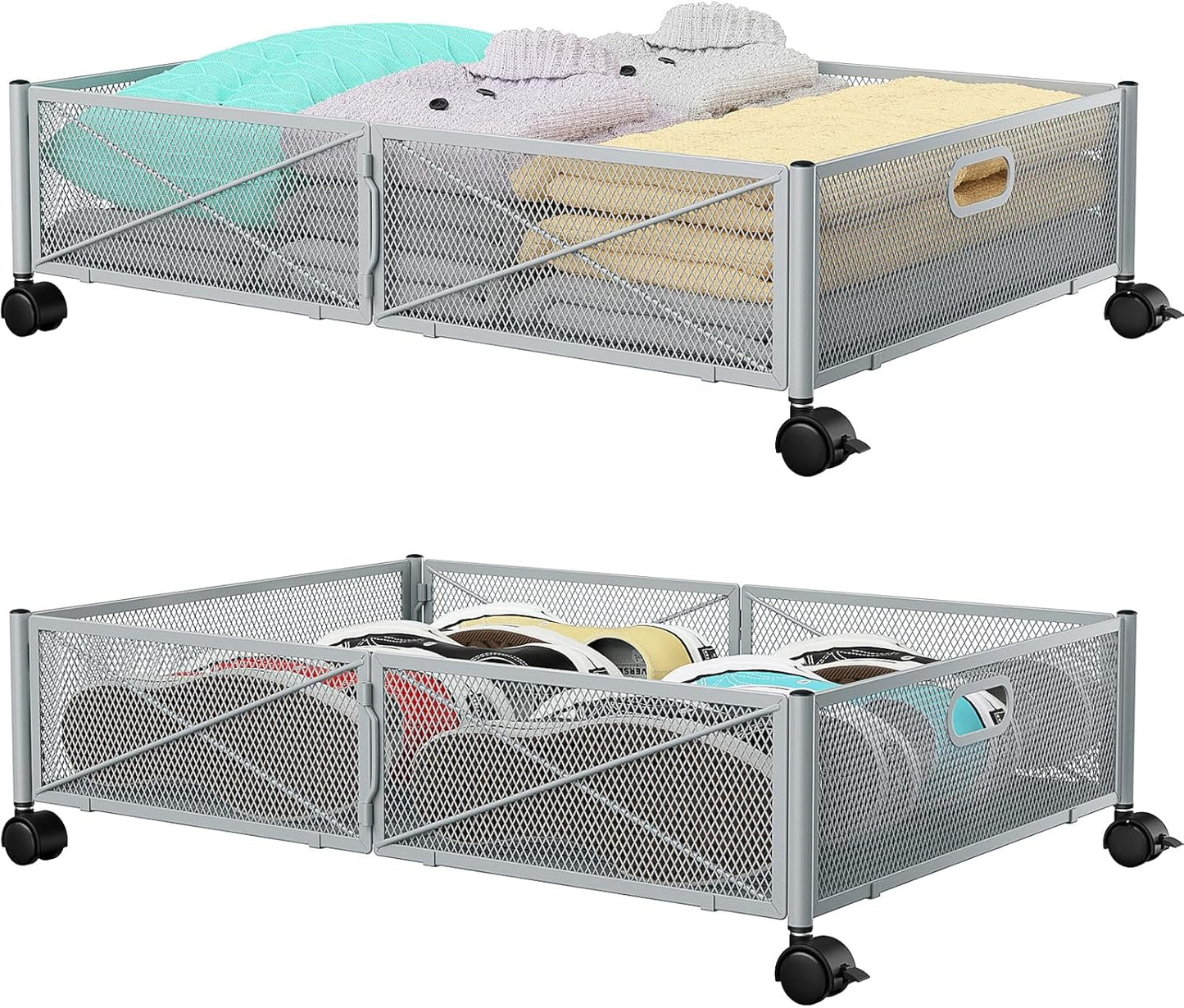 Under Bed Storage Containers with Wheels, Under Bed Shoe Storage Organizer Drawer, Tool-free Assembly Metal Storage Containers for Bedroom Clothes Shoes Blankets -2PCK