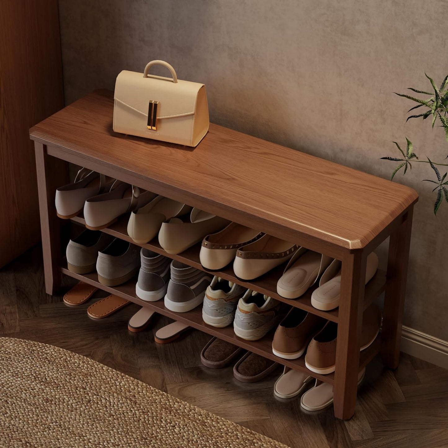Wood Shoe Rack Bench for Entryway, Shoe Rack for Front Door Entrance with Leather Cushion, 2 Tier Shoe Bench with Shoe Storage for Entryway, Bedroom.