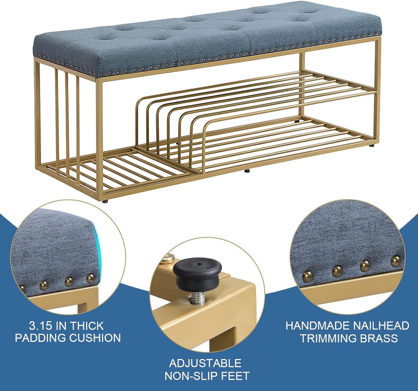 Upholstered Shoe Storage Bench-Nailhead Trim Linen Ottoman Bench with Shoes Rack for End of Bed Entryway Window Bedroom Living Mudroom Room,Blue