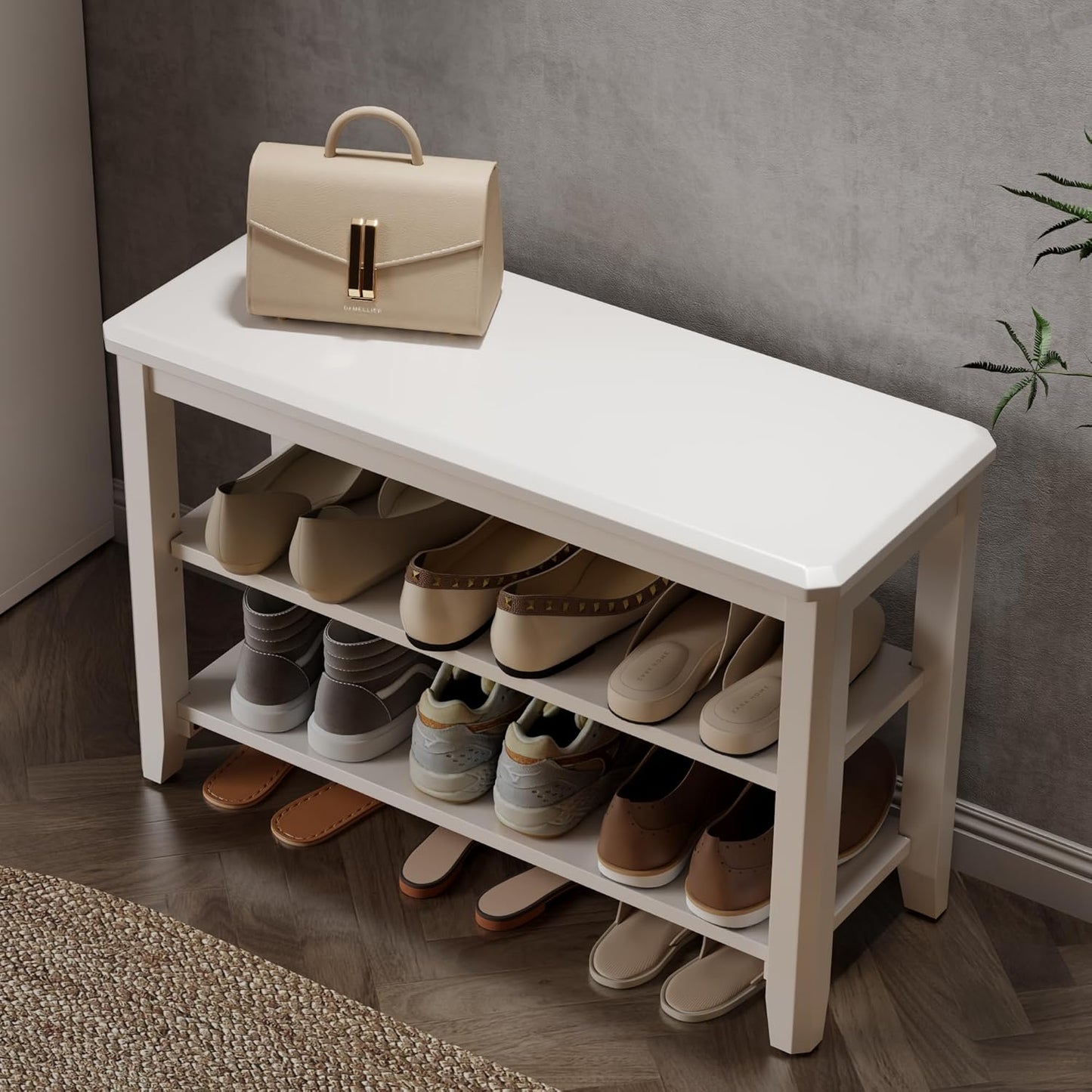Wood Shoe Rack Bench for Entryway, Shoe Rack for Front Door Entrance with Leather Cushion, 2 Tier Shoe Bench with Shoe Storage for Entryway, Bedroom.