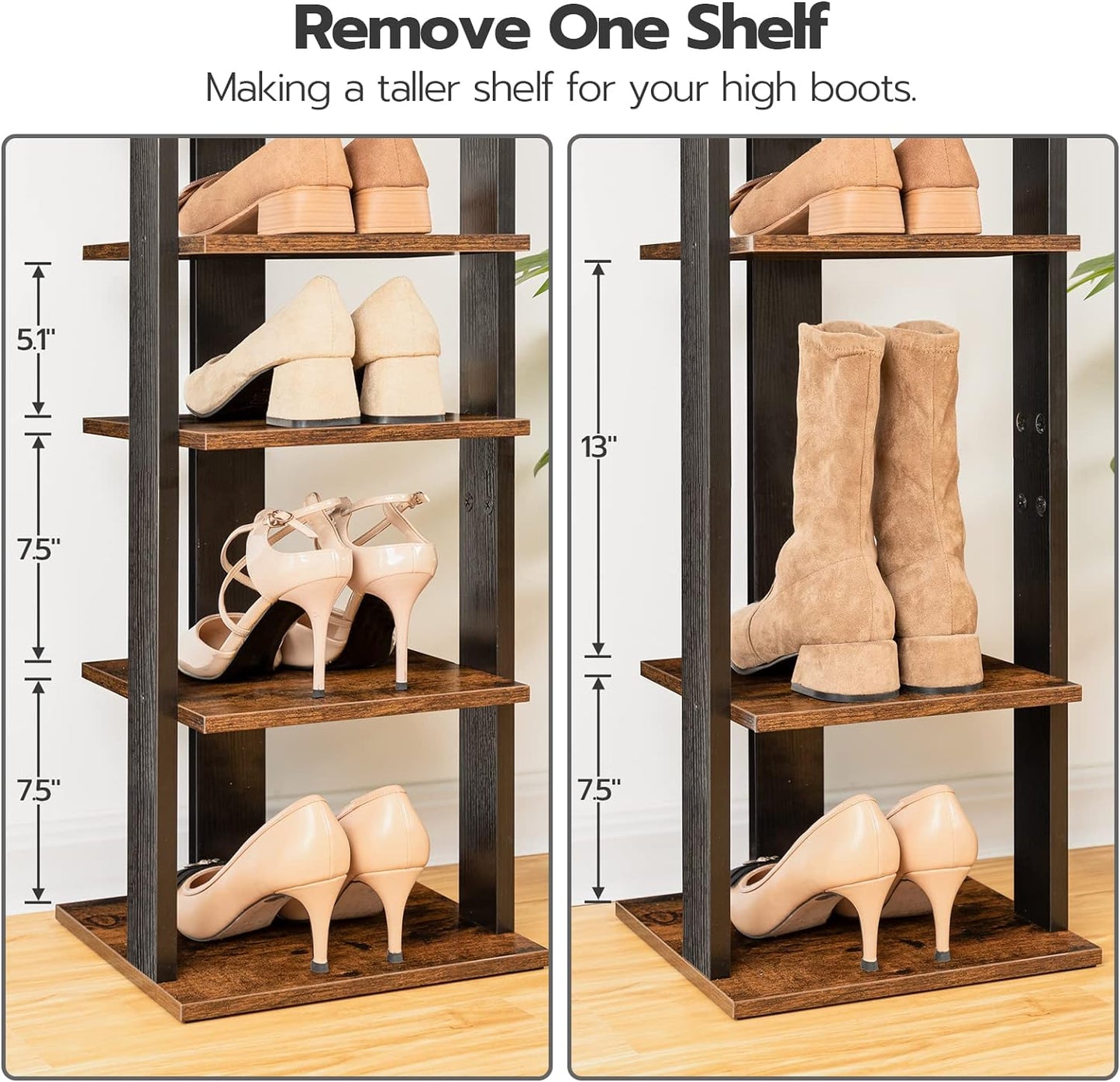 HOOBRO 8 Tiers Vertical Shoe Rack, Wooden Shoe Storage Organizer with Hooks, Narrow Shoe Tower for 8 Pairs, Space Saving, for Entryway, Living Room, Bedroom, Rustic Brown BF07XJ01G1