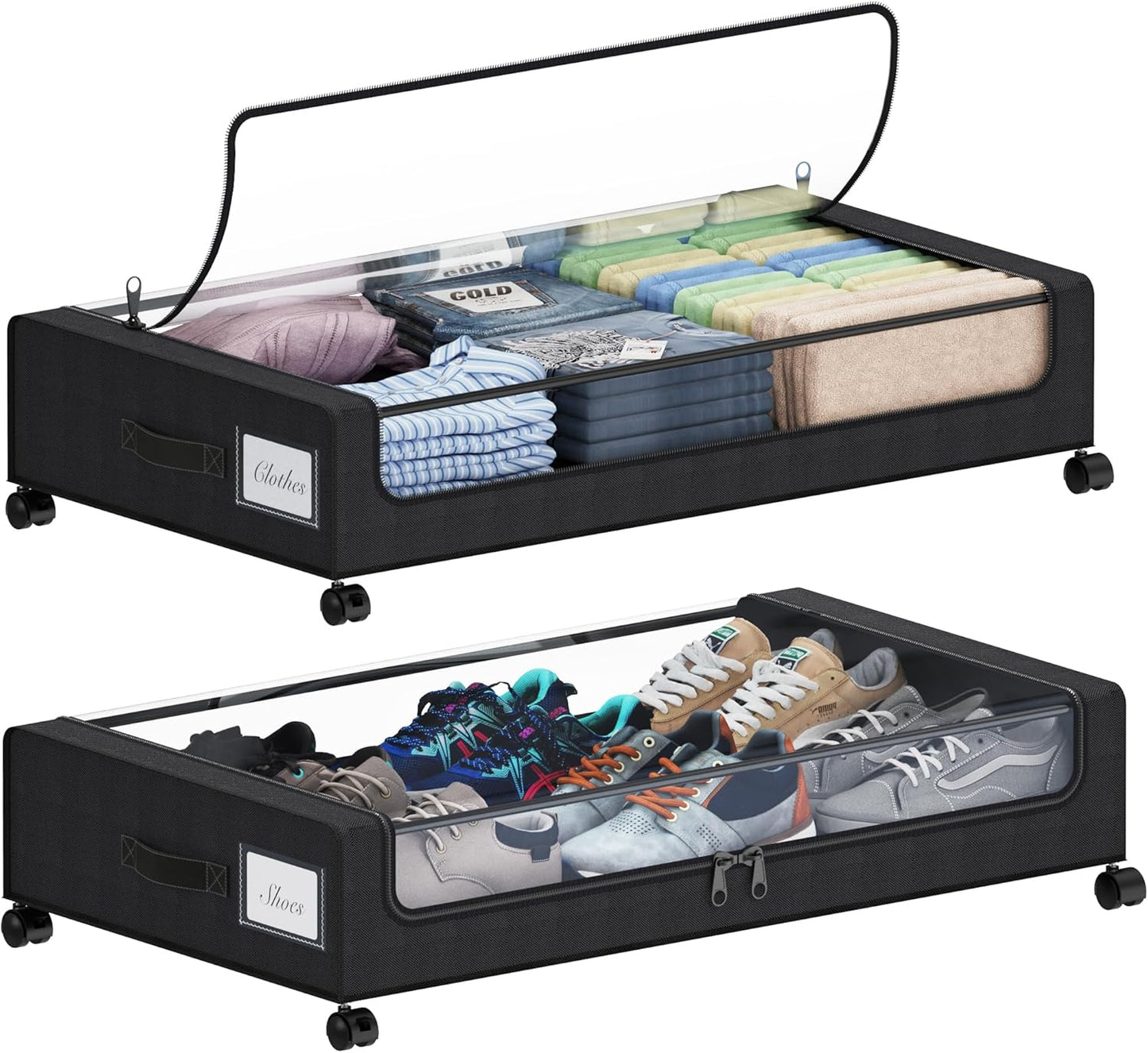 Under Bed Storage with Wheels, XXL 60L Under the Bed Storage Bins, Underbed Storage Containers with Lids & Label, Rolling Metal Drawer for Shoes, Clothes, Books, Toys (4-Pack Black)