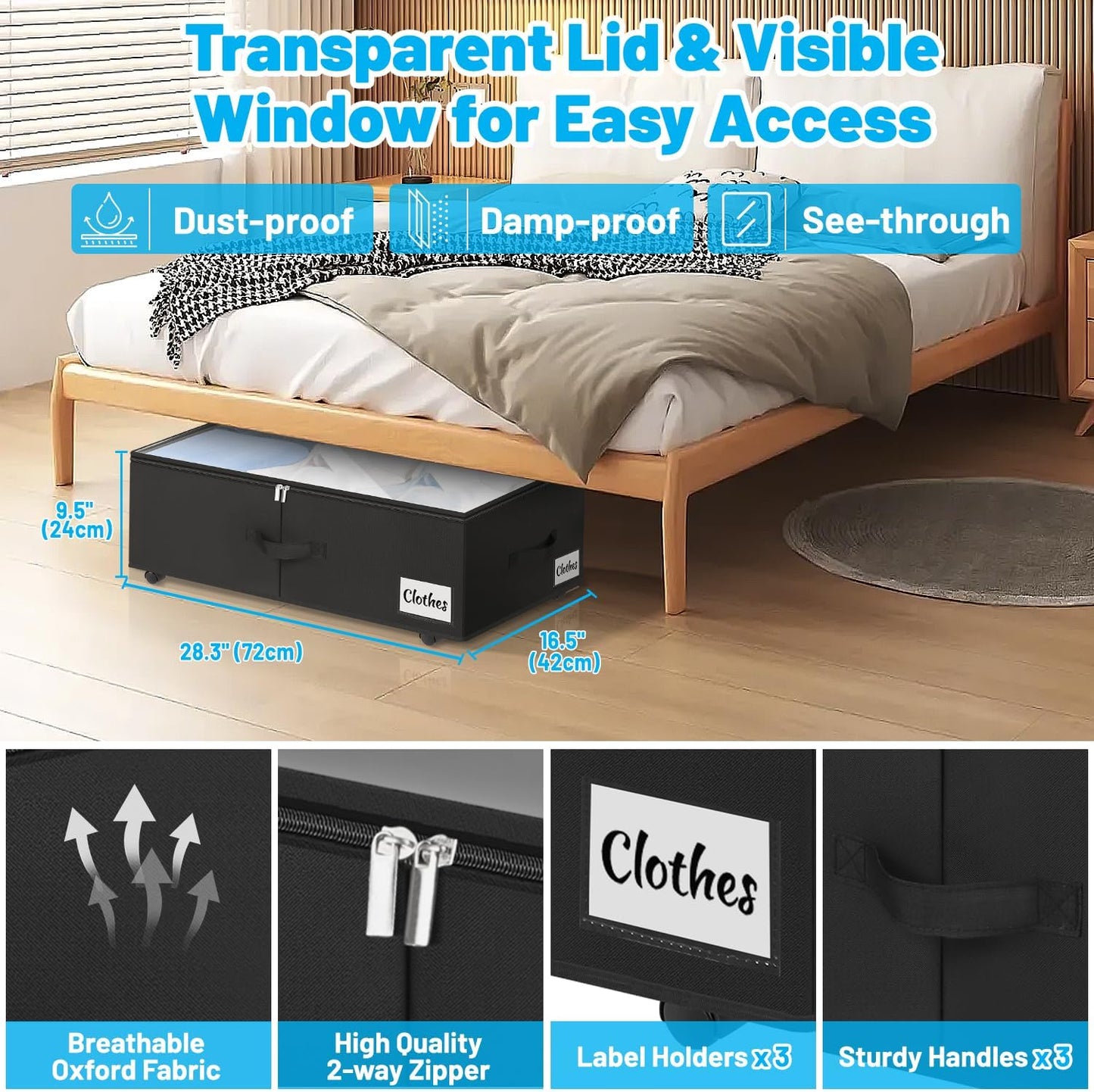 2 Pack Under Bed Storage with Wheels 10" Height, Rolling Storage Bins XXL 60L, Underbed Shoe Storage Containers with Label & Clear Lid, Dorm Under bed Drawers for Clothes, Shoes, Quick Assembly, Black