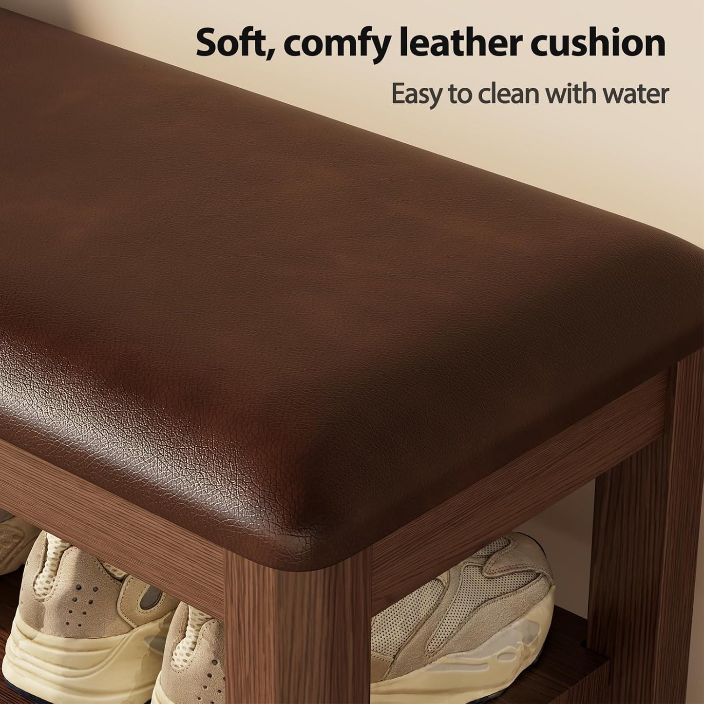 3 Tier Shoe Bench with Cushion,Solid Wood Storage Bench Height Adjustable, Shoe Rack for Entryway,Bedroom,Hallway(Walnut)