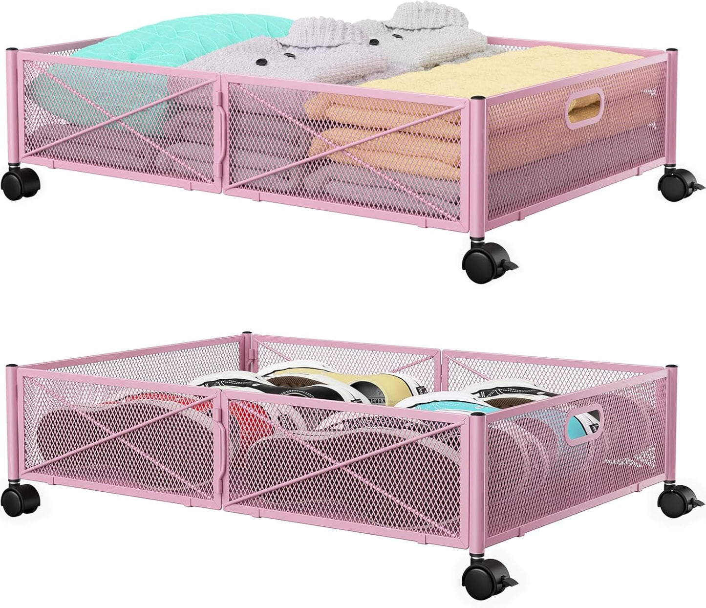 Under Bed Storage Containers with Wheels, Under Bed Shoe Storage Organizer Drawer, Tool-free Assembly Metal Storage Containers for Bedroom Clothes Shoes Blankets -2PCK