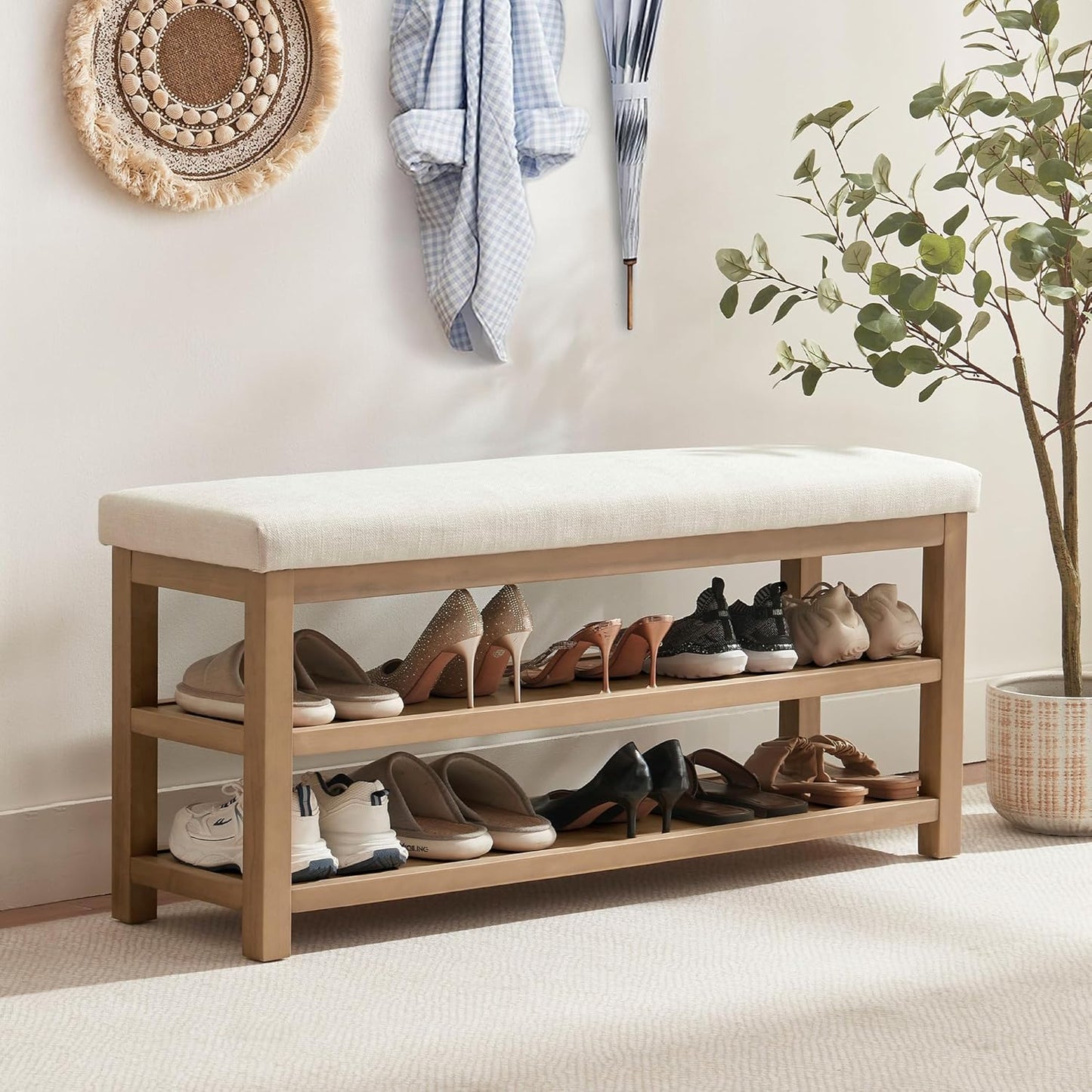 2 Tier Shoe Rack Bench with Cushion, Solid Wood Shoe Benches, Mid-Century Modern Shoe Storage Bench for Entryway, Hallway, Living Room, Closet, Front Door Entrance, (Beige, 46.5")