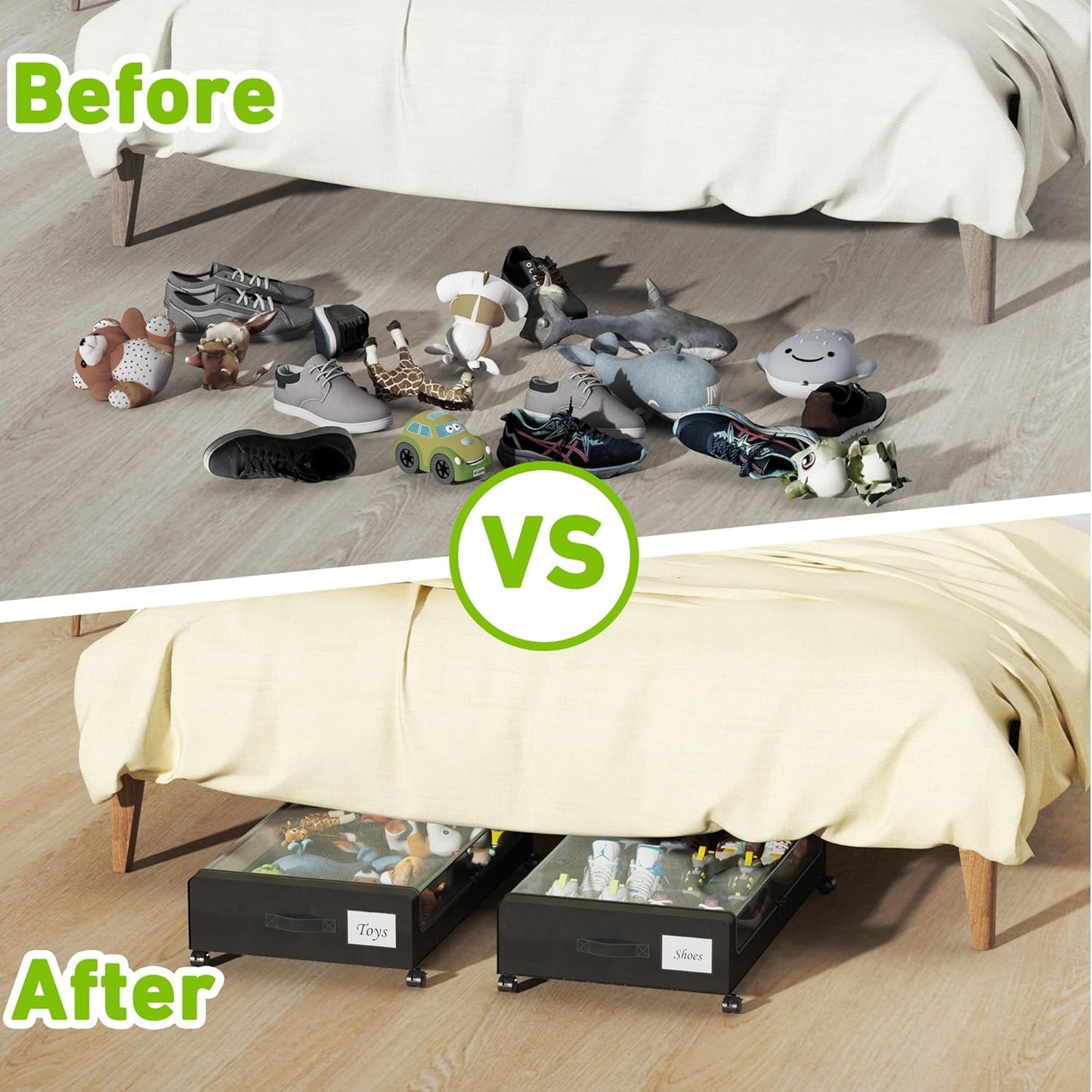 Under Bed Storage with Wheels, XXL 60L Under the Bed Storage Bins, Underbed Storage Containers with Lids & Label, Rolling Metal Drawer for Shoes, Clothes, Books, Toys (4-Pack Black)