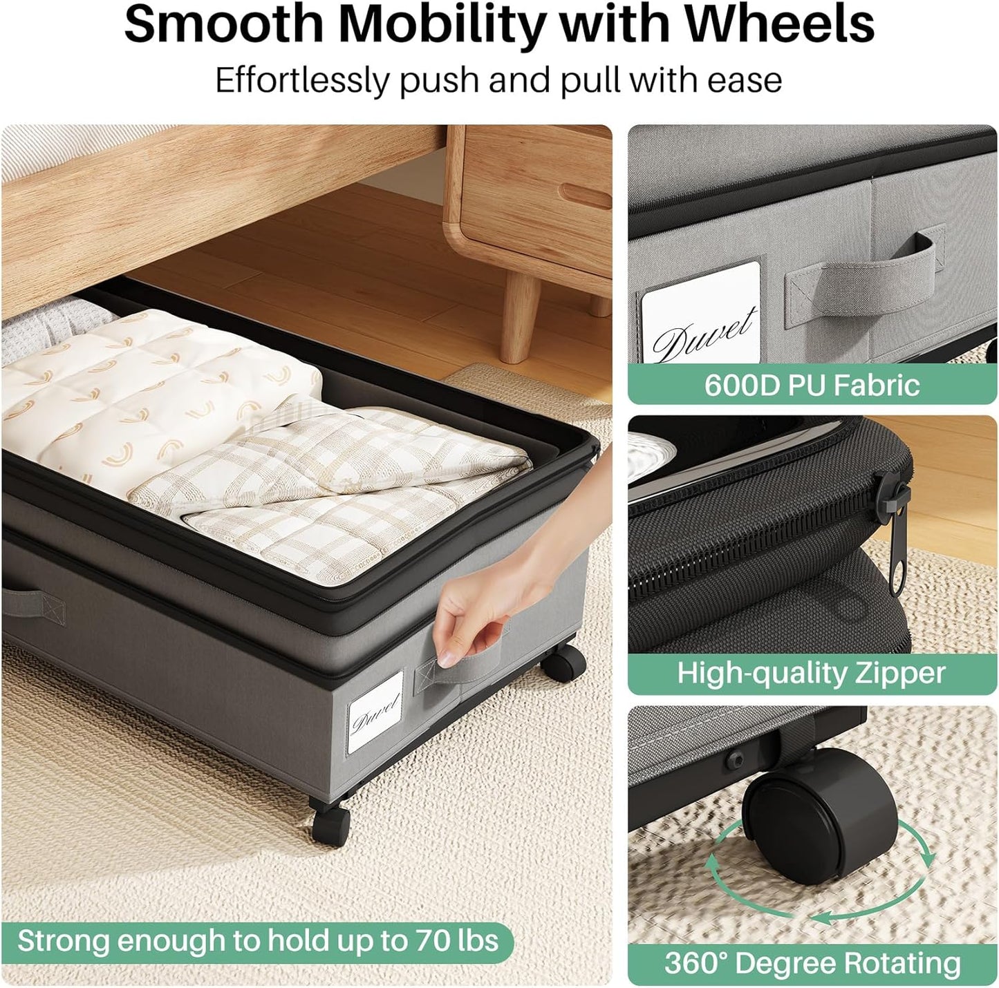 Kitstorack 2Pack Height-adjustable Under Bed Storage with Wheels, Under Bed Storage Containers,Under Bed Shoe Storage Organizer with Clear Window&Label, Suitable for Clothes Storage