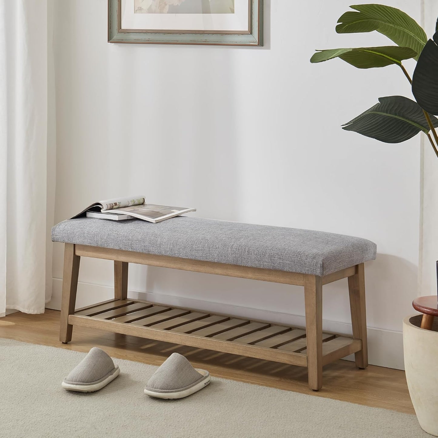 Entryway Bench, Chenille Upholstered Shoe Benches for Bedroom, Ottoman Bench with Solid Wood Shelf, Storage Benches for Hallway, Living Room(Beige)