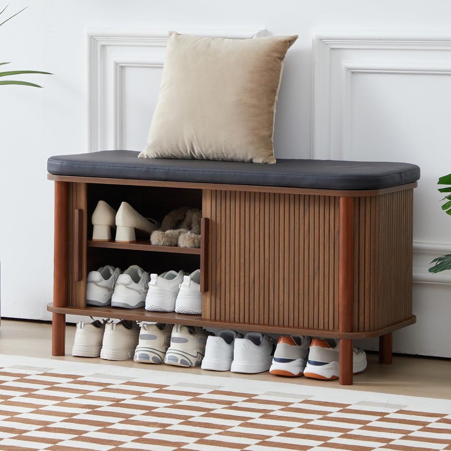 Shoe Bench, Entryway Shoe Cabinet with Leather Cushion and Sliding Door, Modern Shoe Storage Organizer for Living Room, Hallway (Walnut)