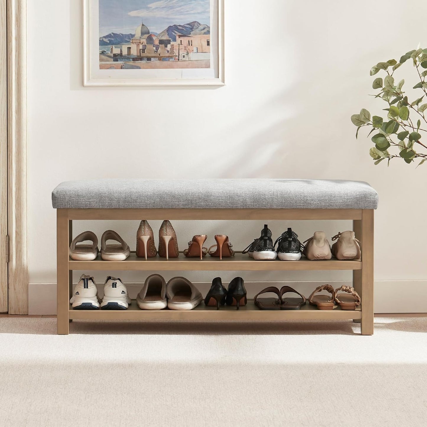 2 Tier Shoe Rack Bench with Cushion, Solid Wood Shoe Benches, Mid-Century Modern Shoe Storage Bench for Entryway, Hallway, Living Room, Closet, Front Door Entrance, (Beige, 46.5")