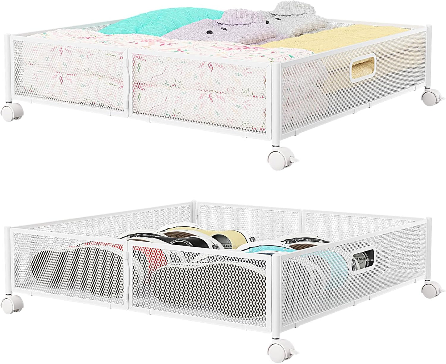 Under Bed Storage Containers with Wheels, Under Bed Shoe Storage Organizer Drawer, Tool-free Assembly Metal Storage Containers for Bedroom Clothes Shoes Blankets -2PCK