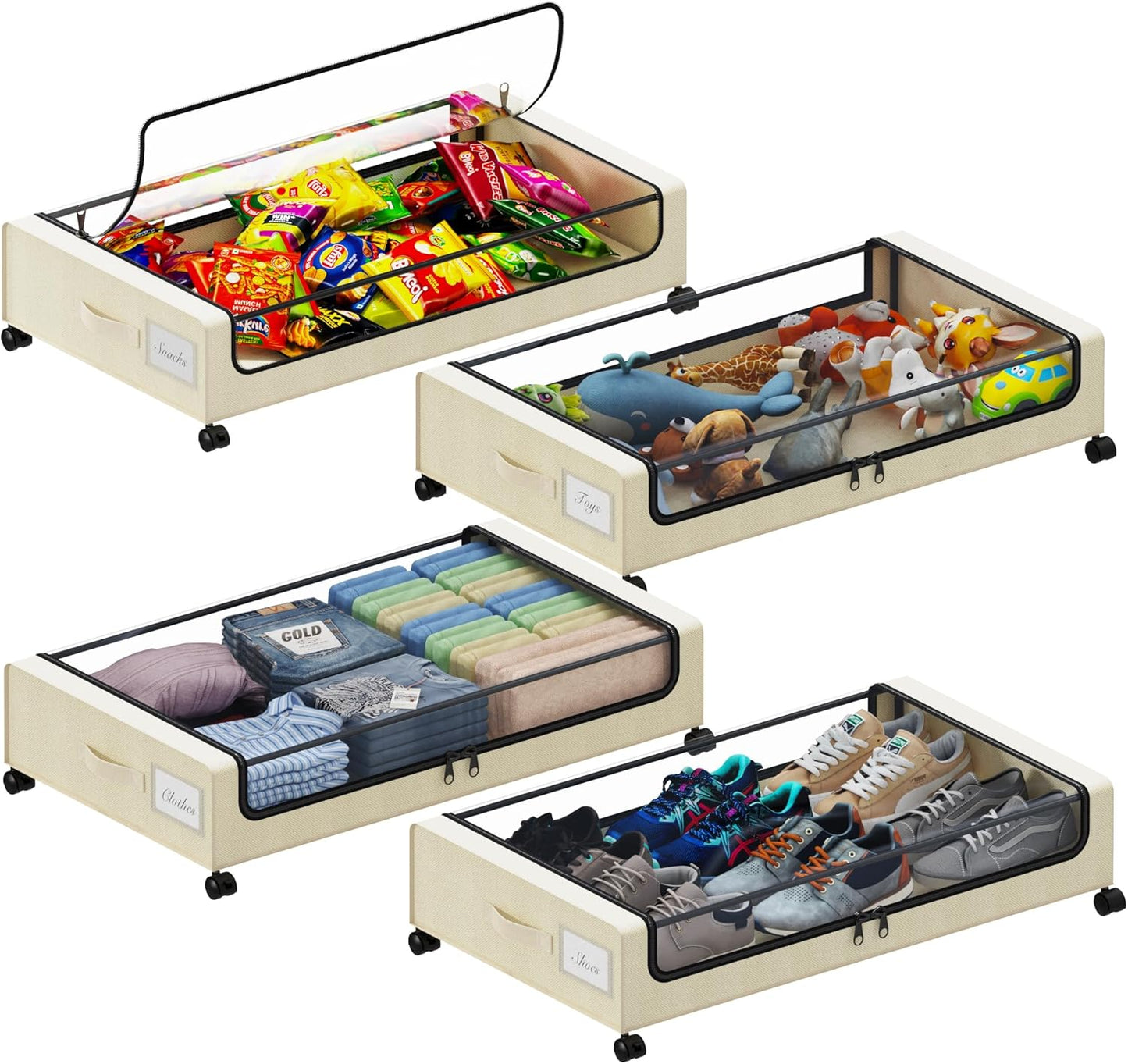 Under Bed Storage with Wheels, XXL 60L Under the Bed Storage Bins, Underbed Storage Containers with Lids & Label, Rolling Metal Drawer for Shoes, Clothes, Books, Toys (4-Pack Black)