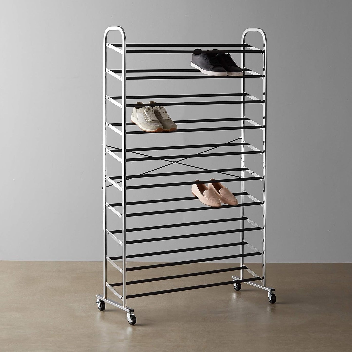 Amazon Basics 50-Pair Shoe Rack Organizer, Chrome, 35.8 x 14.6 x 59.5 inches
