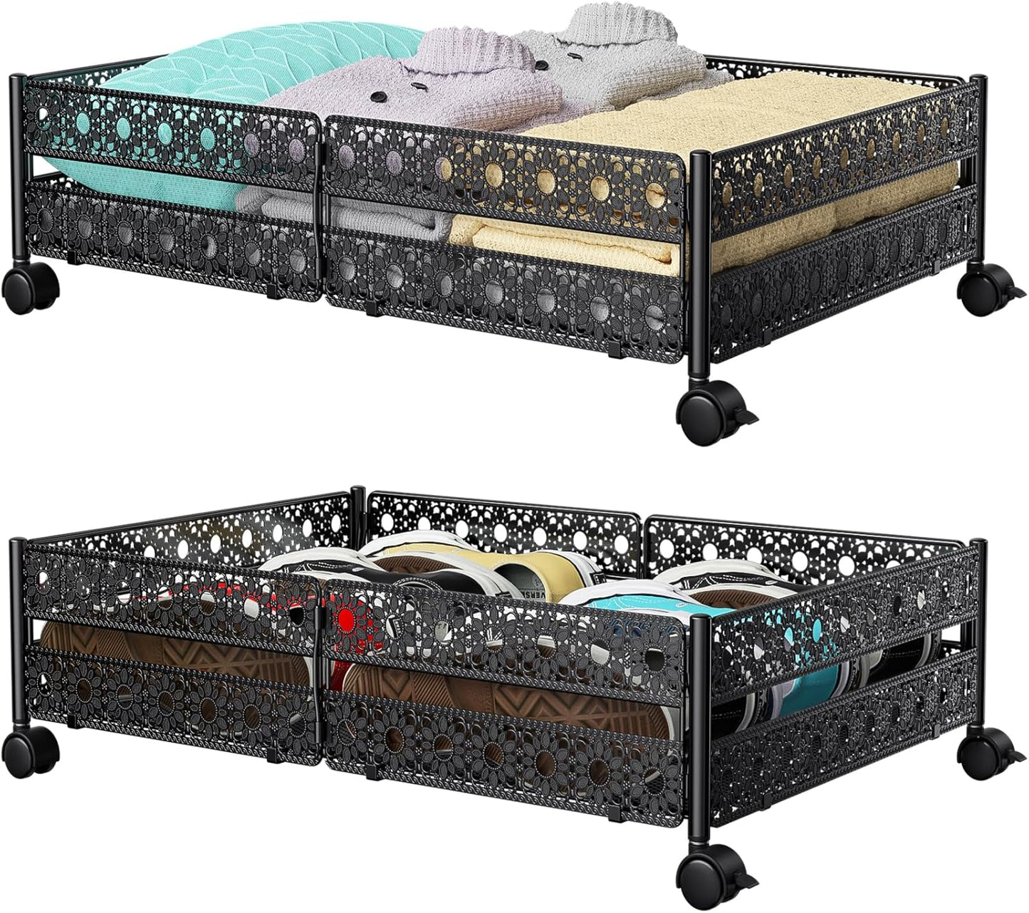 Under Bed Storage Containers with Wheels, Under Bed Shoe Storage Organizer Drawer, Tool-free Assembly Metal Storage Containers for Bedroom Clothes Shoes Blankets -2PCK