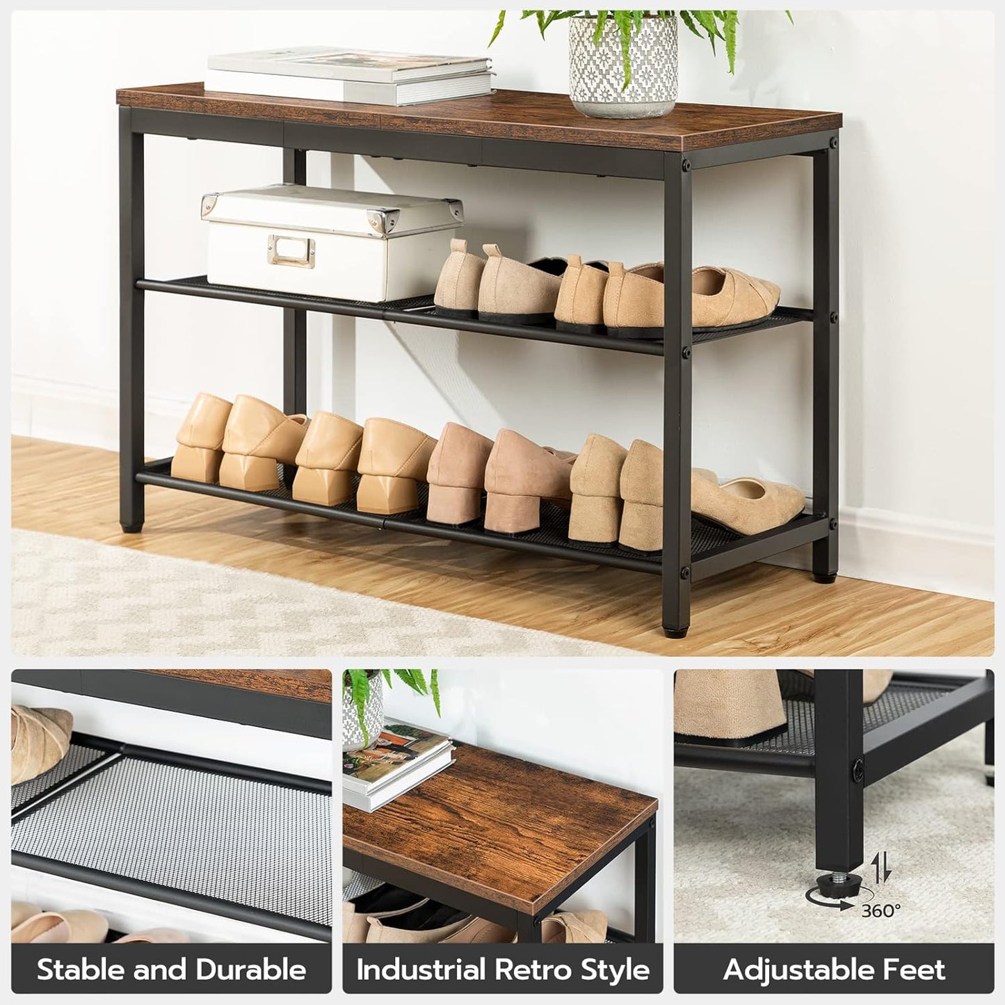 HOOBRO Shoe Bench, 3-Tier Shoe Rack, Industrial Shoe Organizer Storage Bench, 29.5 inches Entry Bench with Mesh Shelves, for Entryway, Living Room, Hallway, Easy Assembly, Rustic Brown BF75HX01