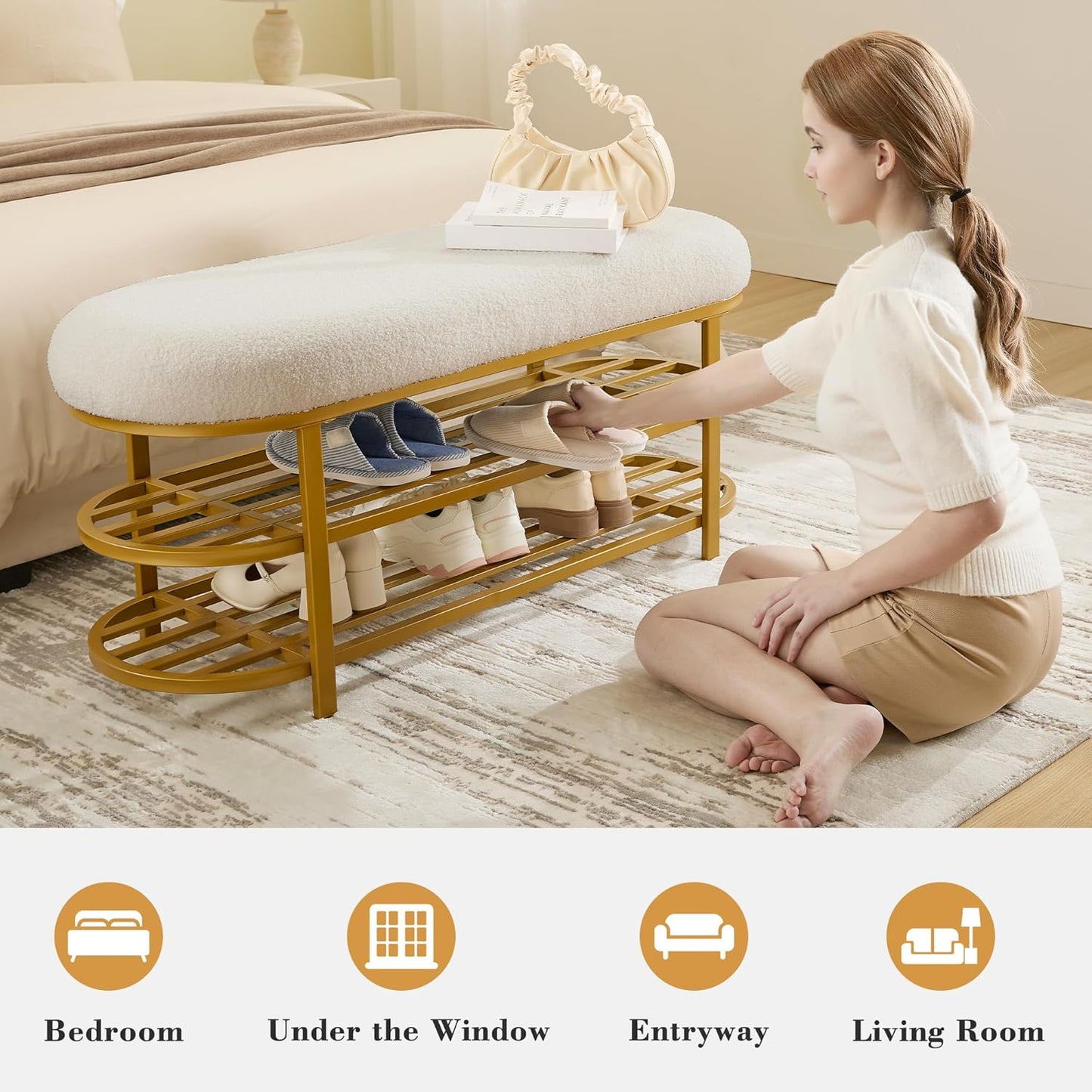 48" End of Bed Bench with Cushion 3-Tier Entryway Storage Upholstered Bench Modern Gold Metal Legs Shoe Storage Rack with Shelf for Bedroom, Entry, Hallway, Living Room, Under Window (White)
