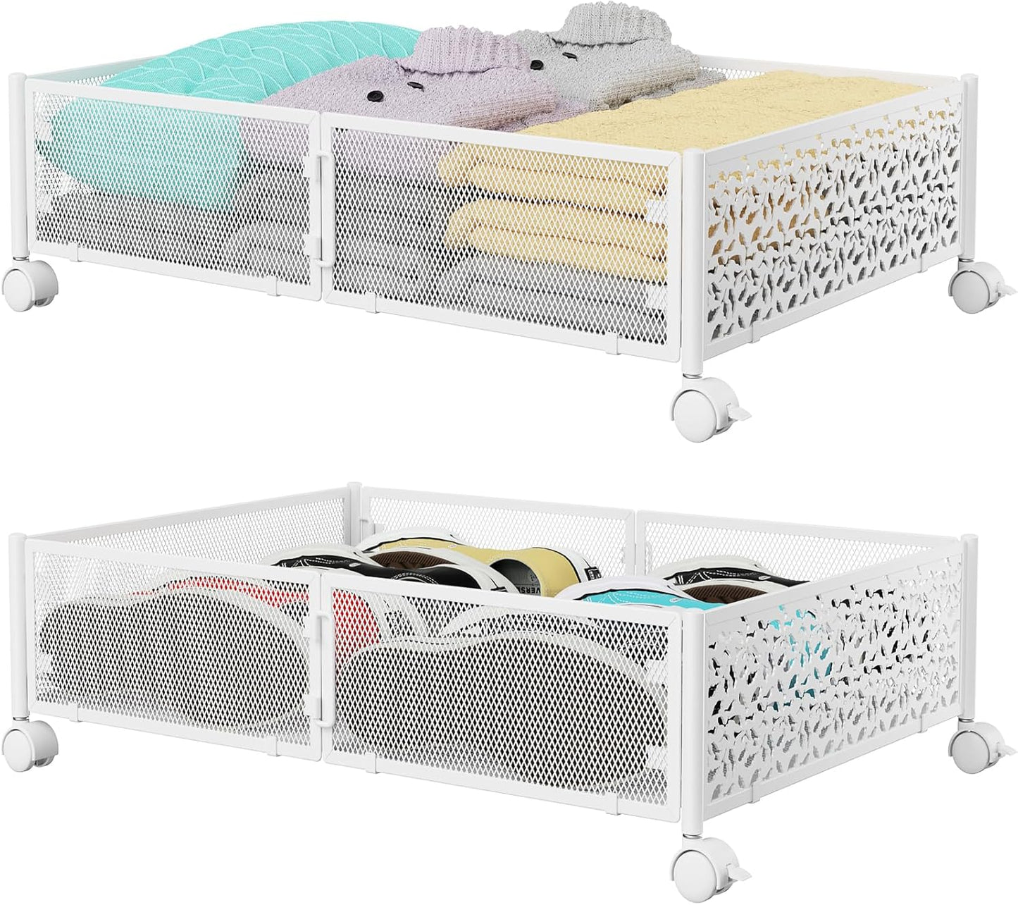 Under Bed Storage Containers with Wheels, Under Bed Shoe Storage Organizer Drawer, Tool-free Assembly Metal Storage Containers for Bedroom Clothes Shoes Blankets -2PCK