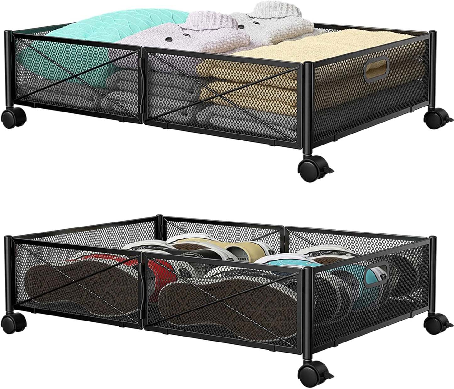 Under Bed Storage Containers with Wheels, Under Bed Shoe Storage Organizer Drawer, Tool-free Assembly Metal Storage Containers for Bedroom Clothes Shoes Blankets -2PCK