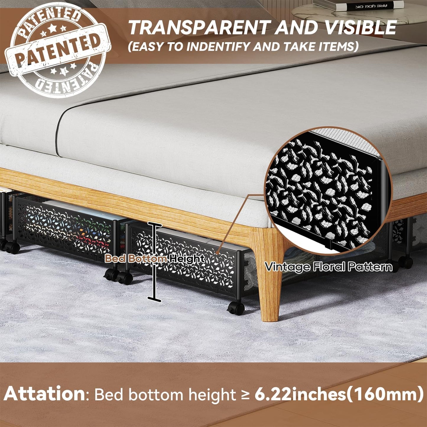 Under Bed Storage Containers with Wheels, Under Bed Shoe Storage Organizer Drawer, Tool-free Assembly Metal Storage Containers for Bedroom Clothes Shoes Blankets -2PCK