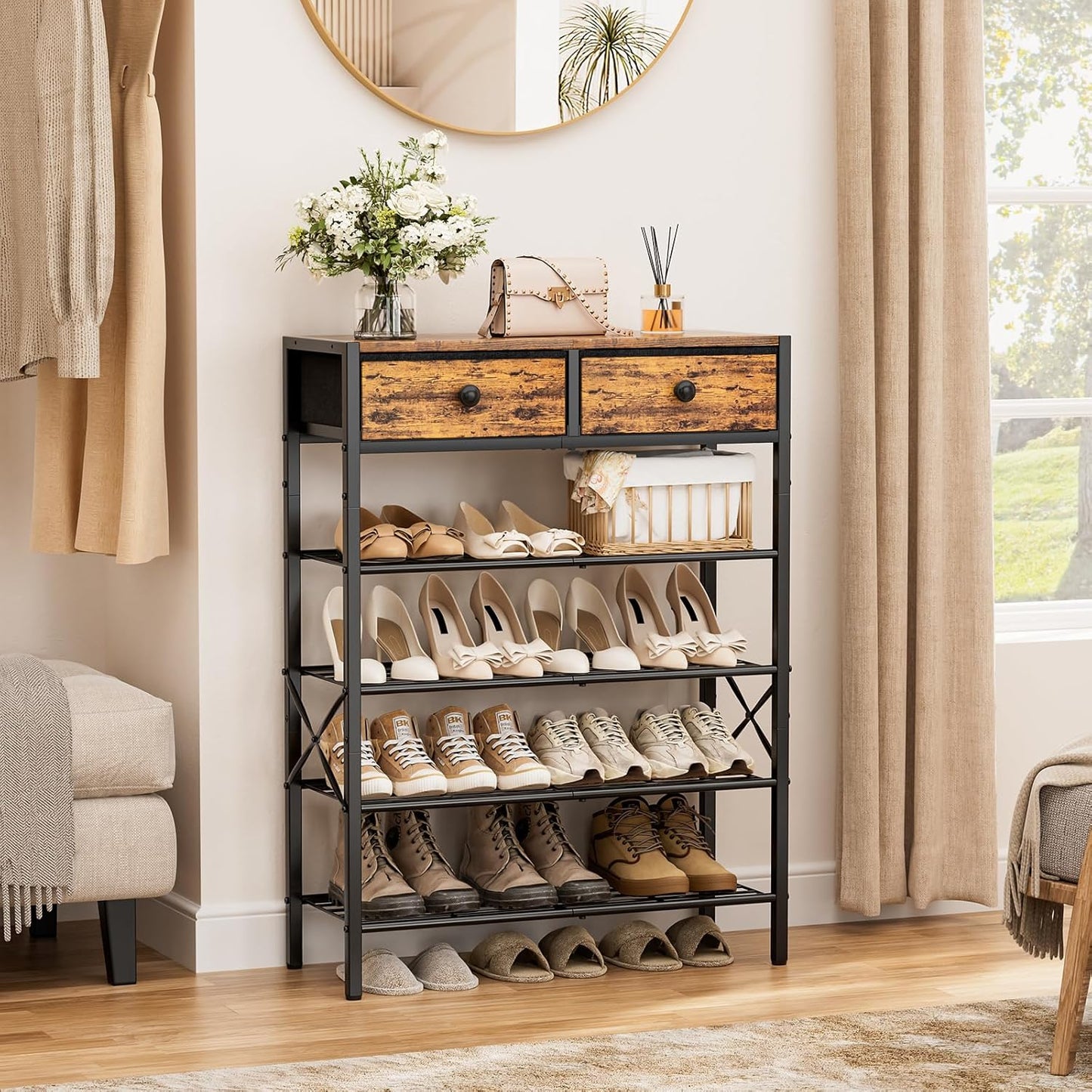 Shoe Rack for Entryway, 5 Tier Shoe Organizer with 2 Non-woven Drawers, Metal Storage Shoe Shelf for 16-20 Pairs of Shoes, with Wooden Top and Steel Frame, Shoe Stand for Closet Rustic Brown