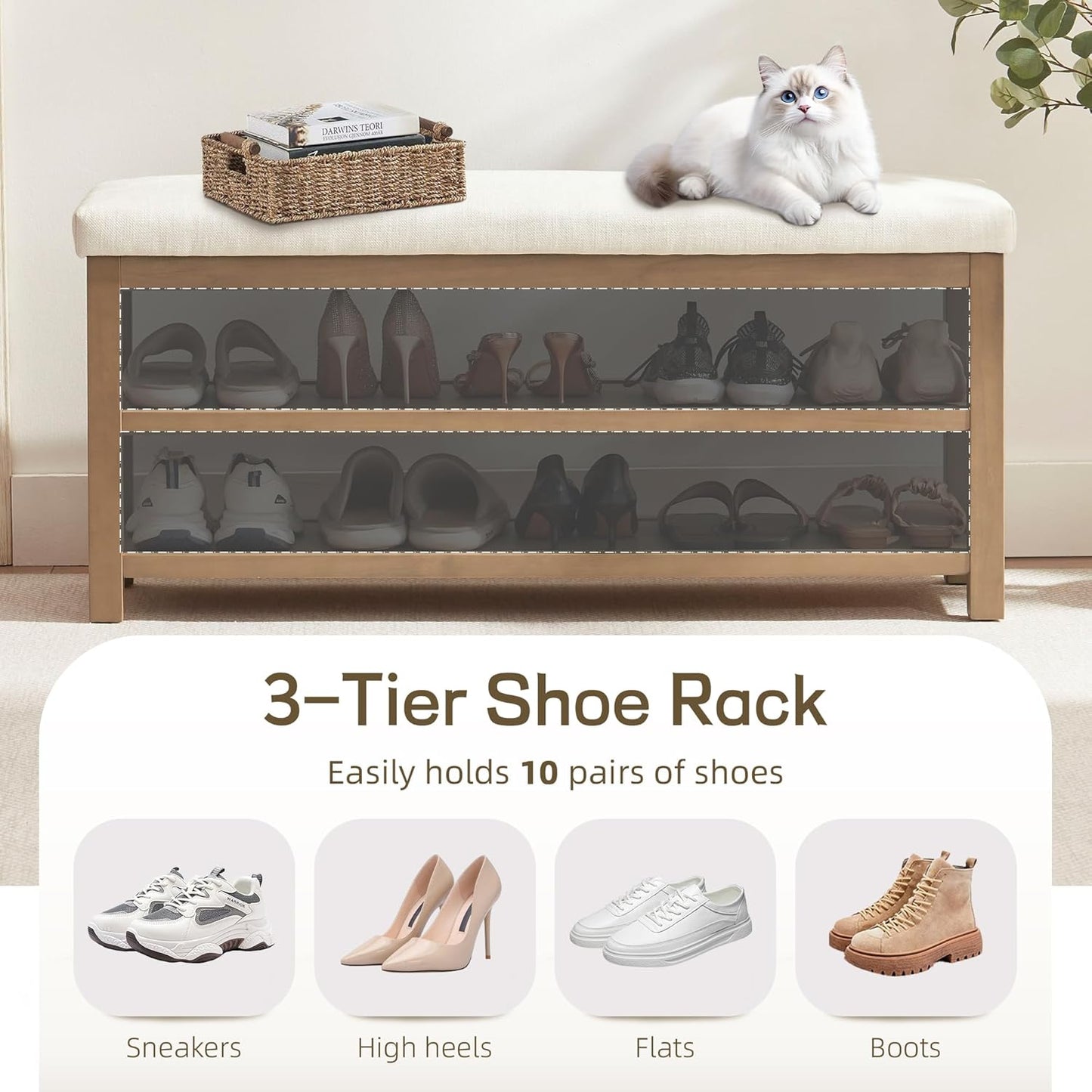 2 Tier Shoe Rack Bench with Cushion, Solid Wood Shoe Benches, Mid-Century Modern Shoe Storage Bench for Entryway, Hallway, Living Room, Closet, Front Door Entrance, (Beige, 46.5")