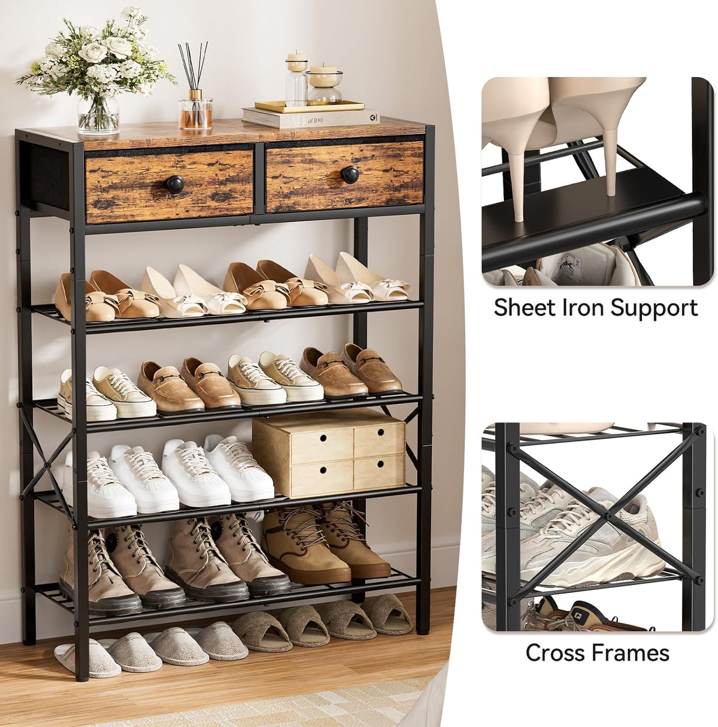 Shoe Rack for Entryway, 5 Tier Shoe Organizer with 2 Non-woven Drawers, Metal Storage Shoe Shelf for 16-20 Pairs of Shoes, with Wooden Top and Steel Frame, Shoe Stand for Closet Rustic Brown