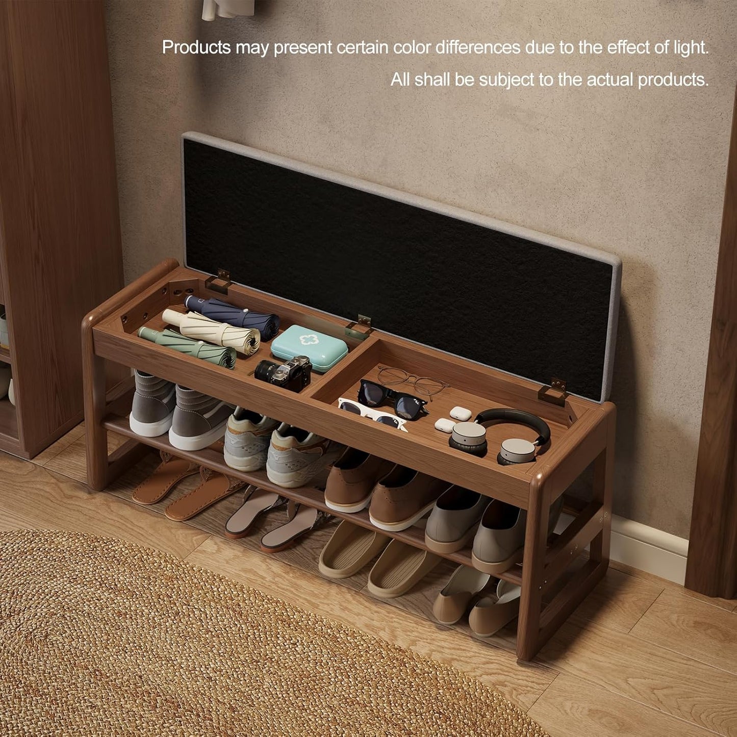Shoe Rack Bench with Cushion, 2 Tiers Shoe Bench with Flip-Top Storage,Wood Shoe Rack for Entryway,Hallway（Walnut,39.3"）