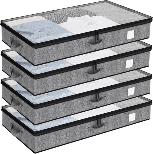 Fixwal 4 Pack Underbed Storage Containers, Below 4.5 Inches Low Profile Under Bed Organizer Clothes Storage Bins with Sturdy Sidewalls and Bottom