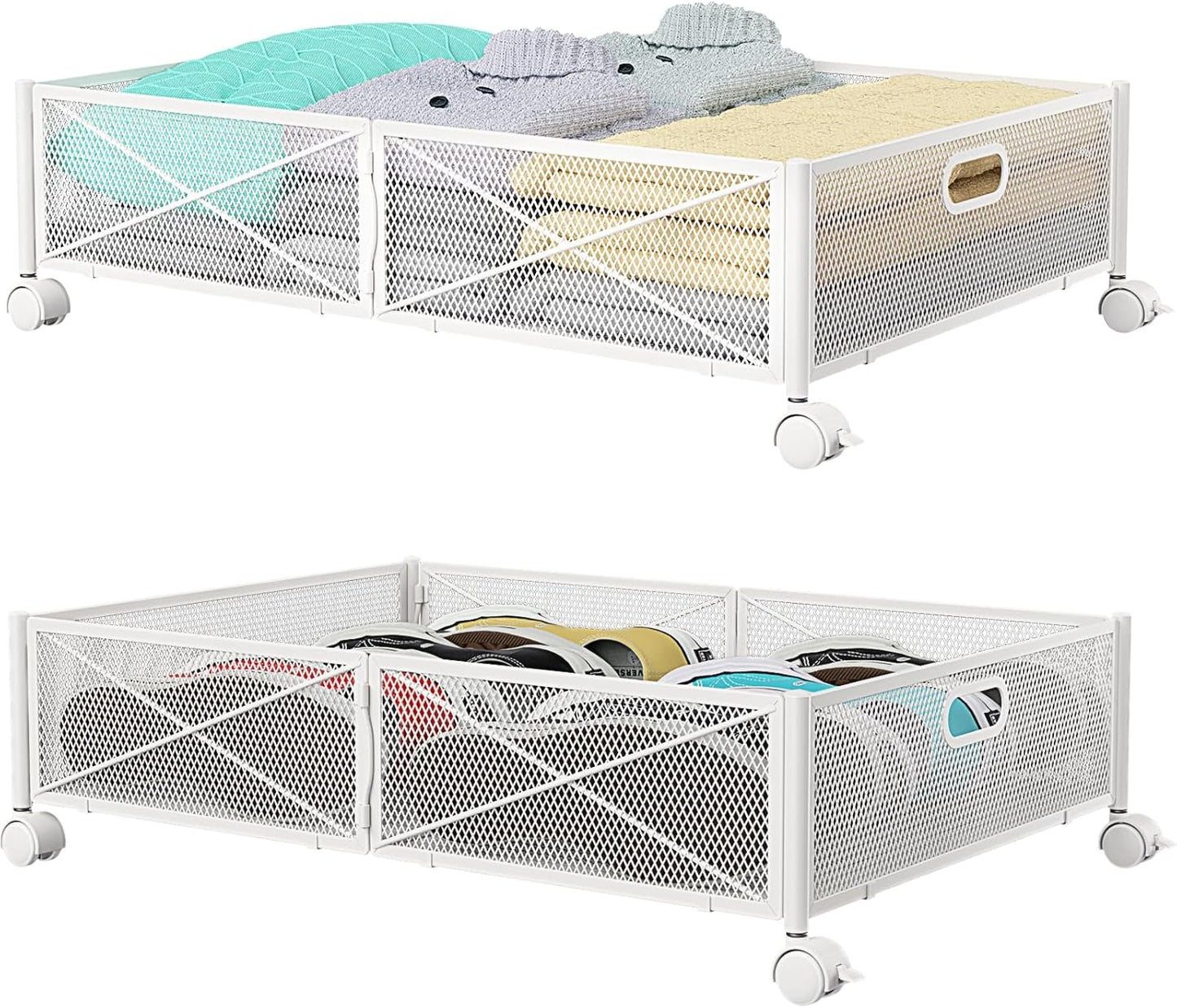Under Bed Storage Containers with Wheels, Under Bed Shoe Storage Organizer Drawer, Tool-free Assembly Metal Storage Containers for Bedroom Clothes Shoes Blankets -2PCK