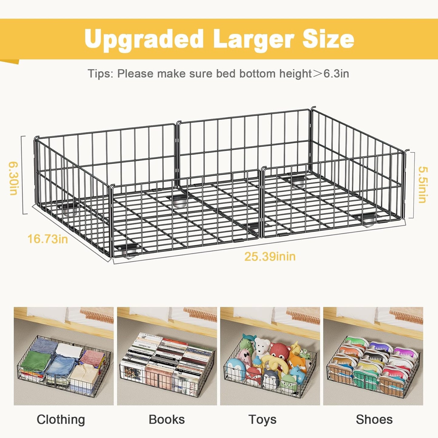 Mr IRONSTONE Under Bed Storage Containers with 6 Wheels, Upgraded Metal Shoe Storage Holds Up to 80LBS, Rolling Under Bed Drawers Organizer for Clothes, Toys, Books, Blanket