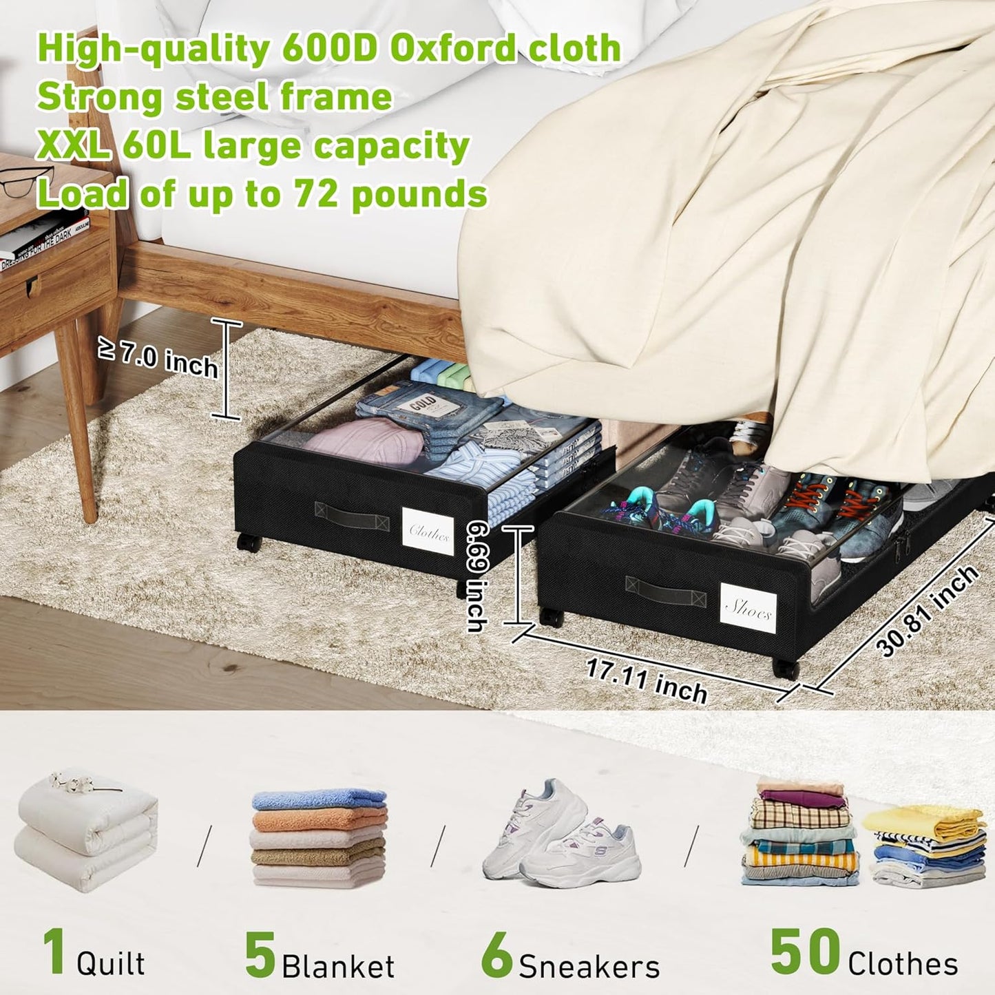 Under Bed Storage with Wheels, XXL 60L Under the Bed Storage Bins, Underbed Storage Containers with Lids & Label, Rolling Metal Drawer for Shoes, Clothes, Books, Toys (4-Pack Black)
