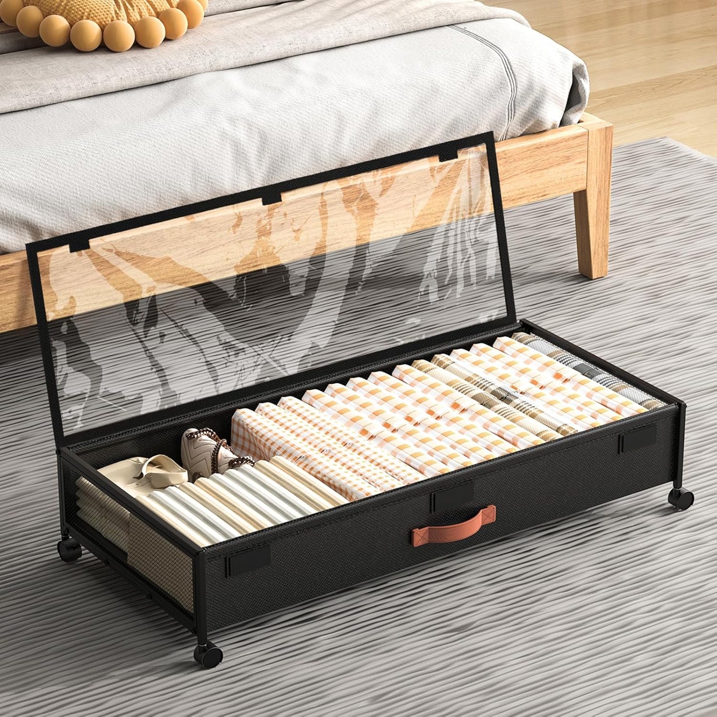 Under Bed Storage with Wheels, XXXL Larger Under Bed Storage Containers with Clear Lids, 36'' Lengthen Under Bed Shoe Organizer, Rolling for Shoes Clothes(Black 2 Pack, XXXL(36"x16.6"x7.48"))
