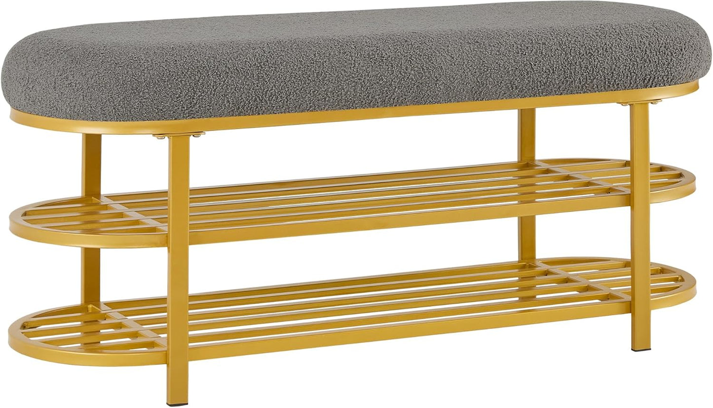 48" End of Bed Bench with Cushion 3-Tier Entryway Storage Upholstered Bench Modern Gold Metal Legs Shoe Storage Rack with Shelf for Bedroom, Entry, Hallway, Living Room, Under Window (White)
