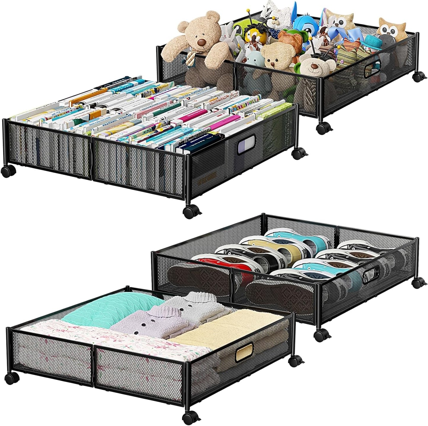 Under Bed Storage Containers with Wheels, Under Bed Shoe Storage Organizer Drawer, Tool-free Assembly Metal Storage Containers for Bedroom Clothes Shoes Blankets -2PCK