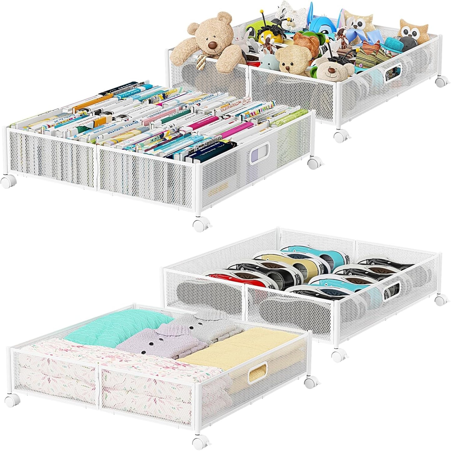 Under Bed Storage Containers with Wheels, Under Bed Shoe Storage Organizer Drawer, Tool-free Assembly Metal Storage Containers for Bedroom Clothes Shoes Blankets -2PCK