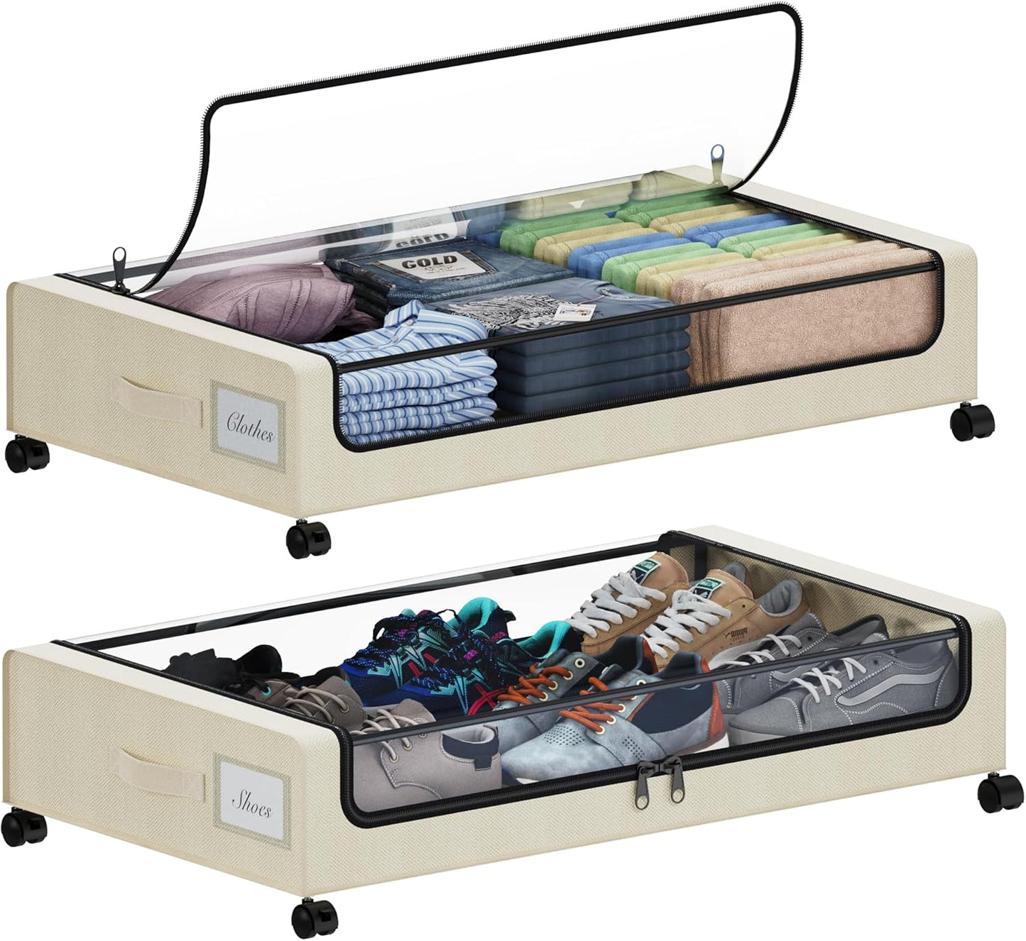 Under Bed Storage with Wheels, XXL 60L Under the Bed Storage Bins, Underbed Storage Containers with Lids & Label, Rolling Metal Drawer for Shoes, Clothes, Books, Toys (4-Pack Black)