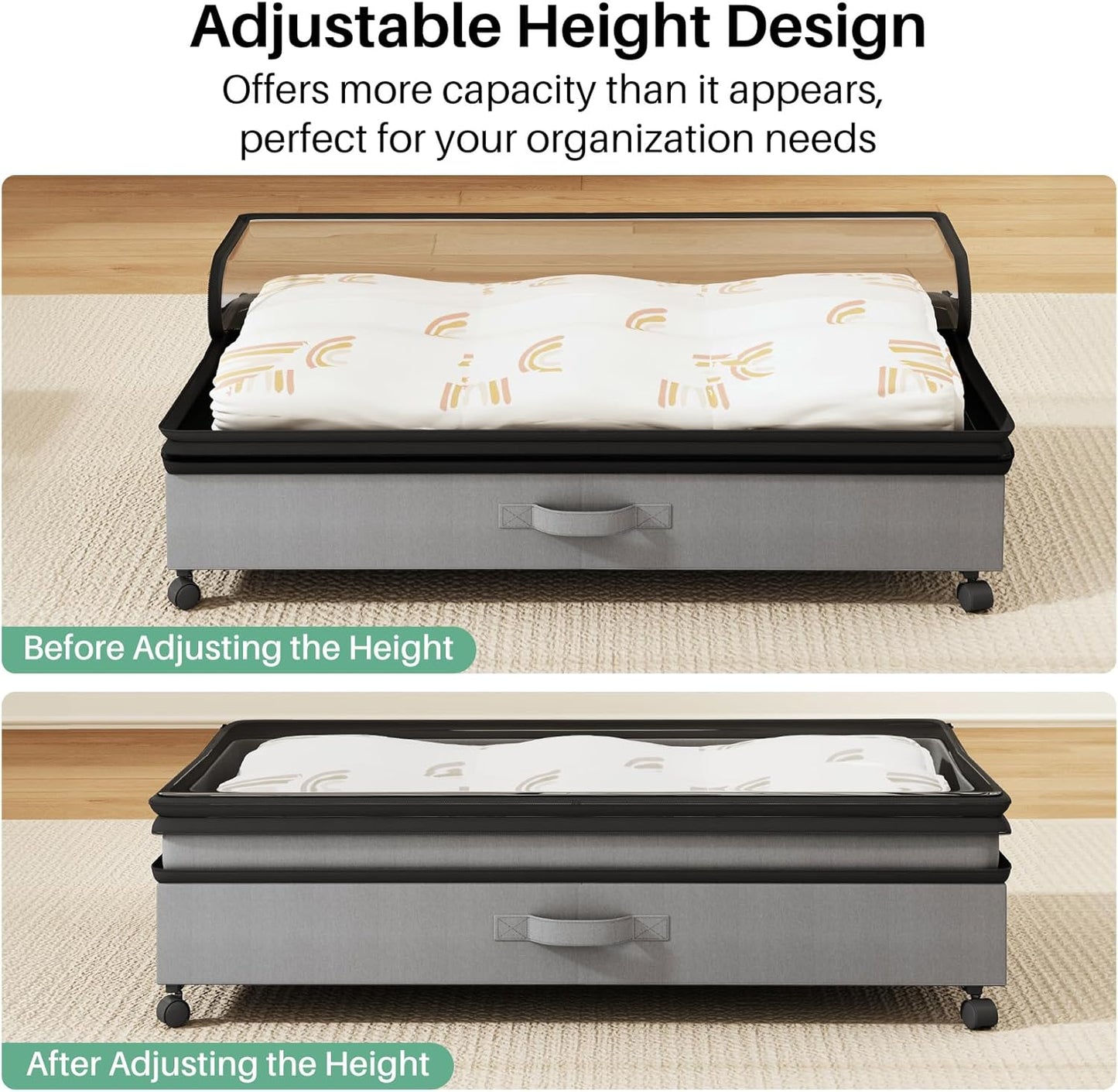 Kitstorack 2Pack Height-adjustable Under Bed Storage with Wheels, Under Bed Storage Containers,Under Bed Shoe Storage Organizer with Clear Window&Label, Suitable for Clothes Storage