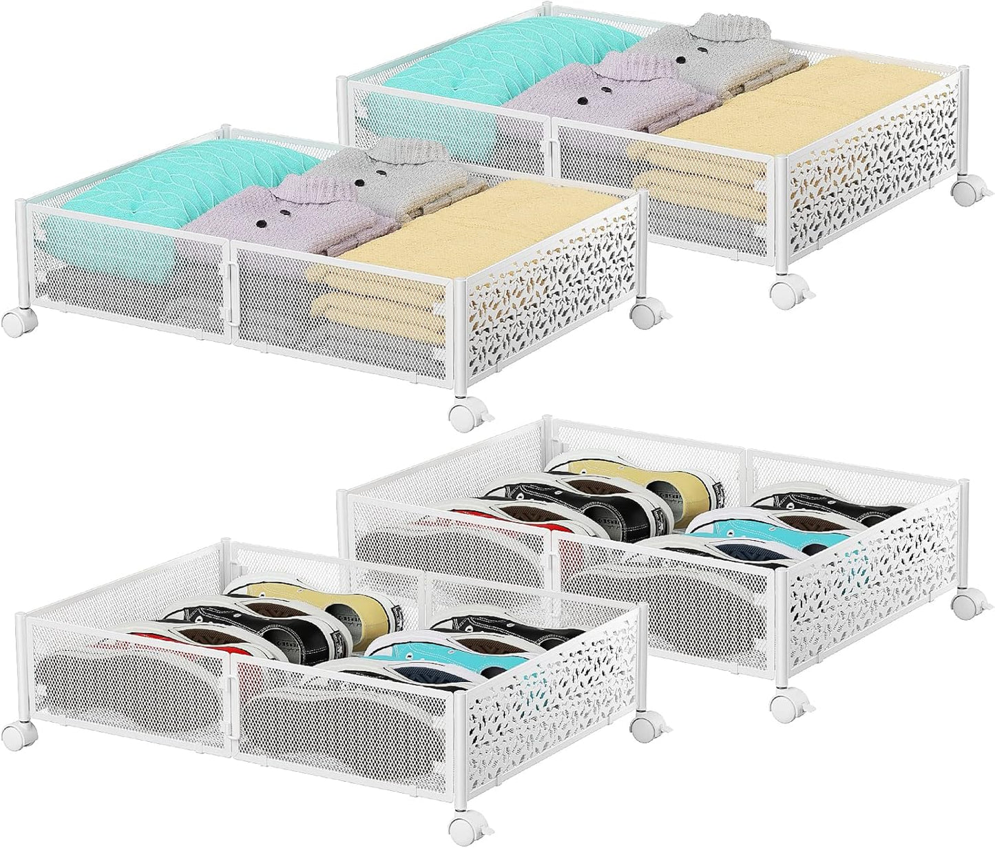 Under Bed Storage Containers with Wheels, Under Bed Shoe Storage Organizer Drawer, Tool-free Assembly Metal Storage Containers for Bedroom Clothes Shoes Blankets -2PCK