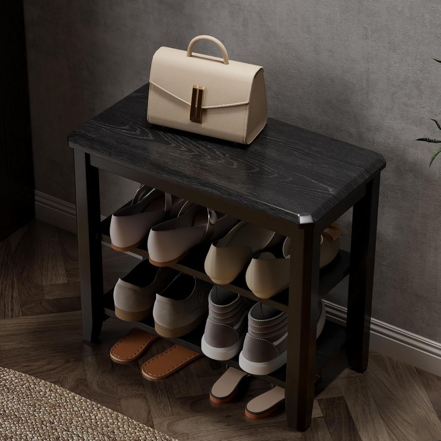 Wood Shoe Rack Bench for Entryway, Shoe Rack for Front Door Entrance with Leather Cushion, 2 Tier Shoe Bench with Shoe Storage for Entryway, Bedroom.