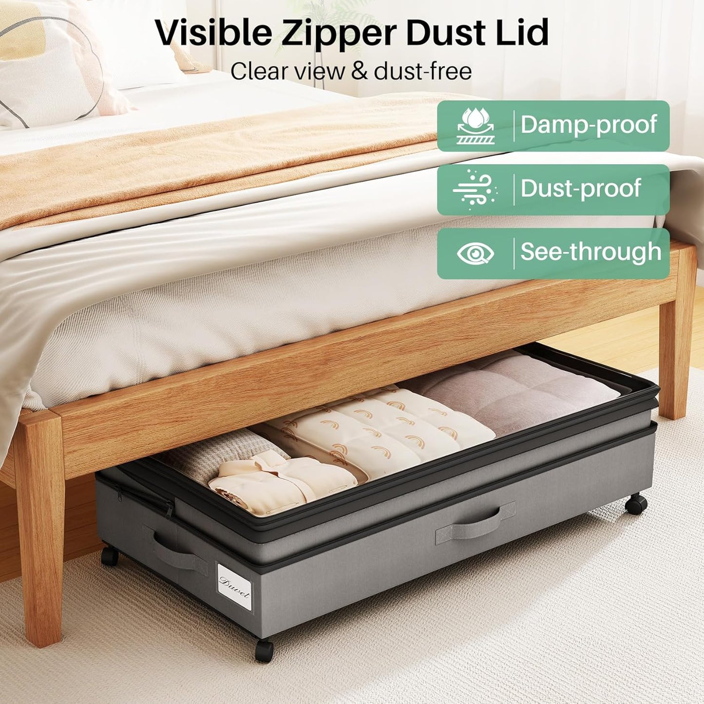 Kitstorack 2Pack Height-adjustable Under Bed Storage with Wheels, Under Bed Storage Containers,Under Bed Shoe Storage Organizer with Clear Window&Label, Suitable for Clothes Storage