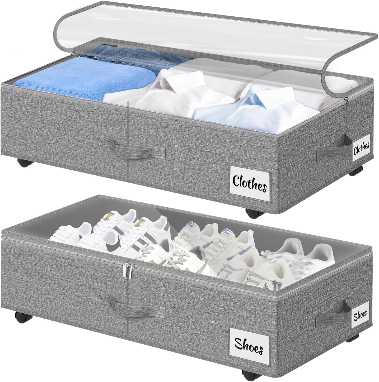 2 Pack Under Bed Storage with Wheels 10" Height, Rolling Storage Bins XXL 60L, Underbed Shoe Storage Containers with Label & Clear Lid, Dorm Under bed Drawers for Clothes, Shoes, Quick Assembly, Black
